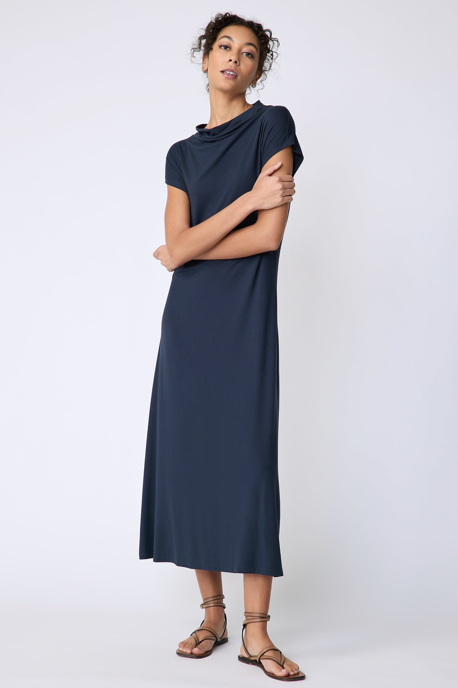 Kal Rieman Christie Knit dress in navy bamboo jersey on model front view arms crossed