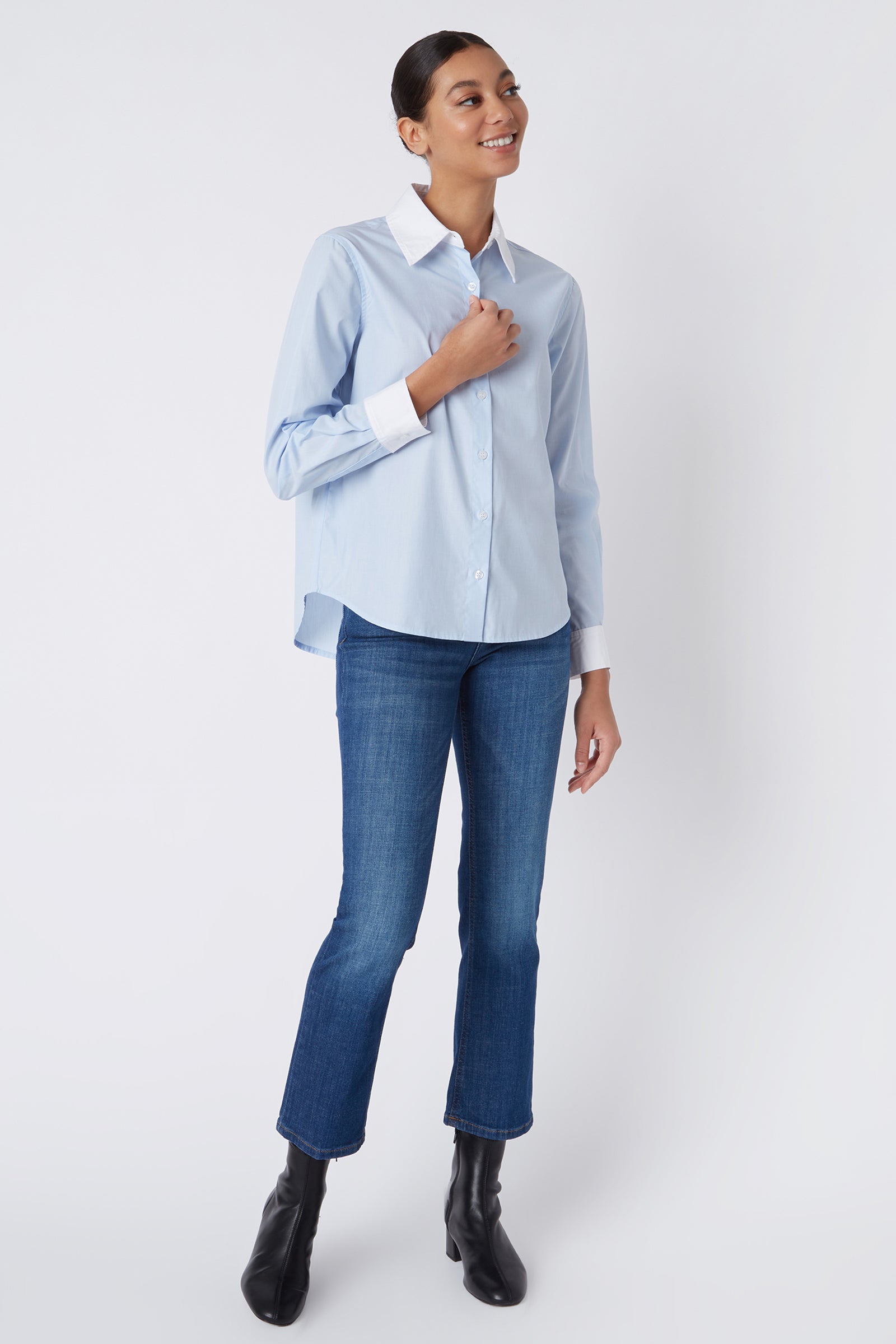 Kal Rieman Classic Tailored Shirt in Oxford Blue on Model Looking Left Full Front View