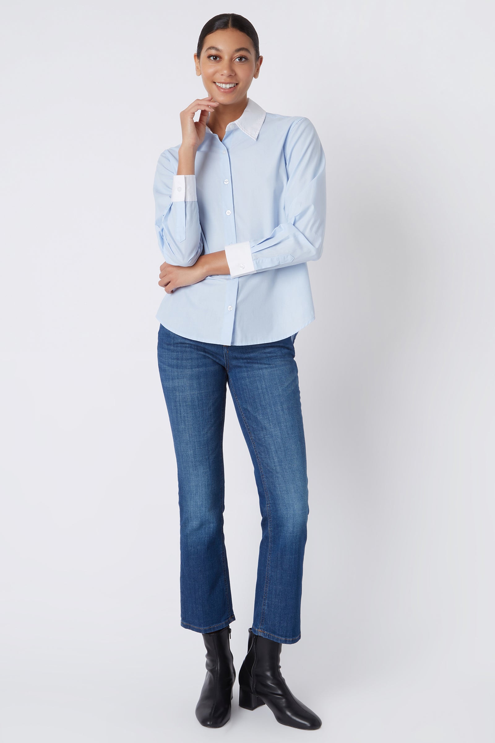 Kal Rieman Classic Tailored Shirt in Oxford Blue on Model Smiling Full Front View