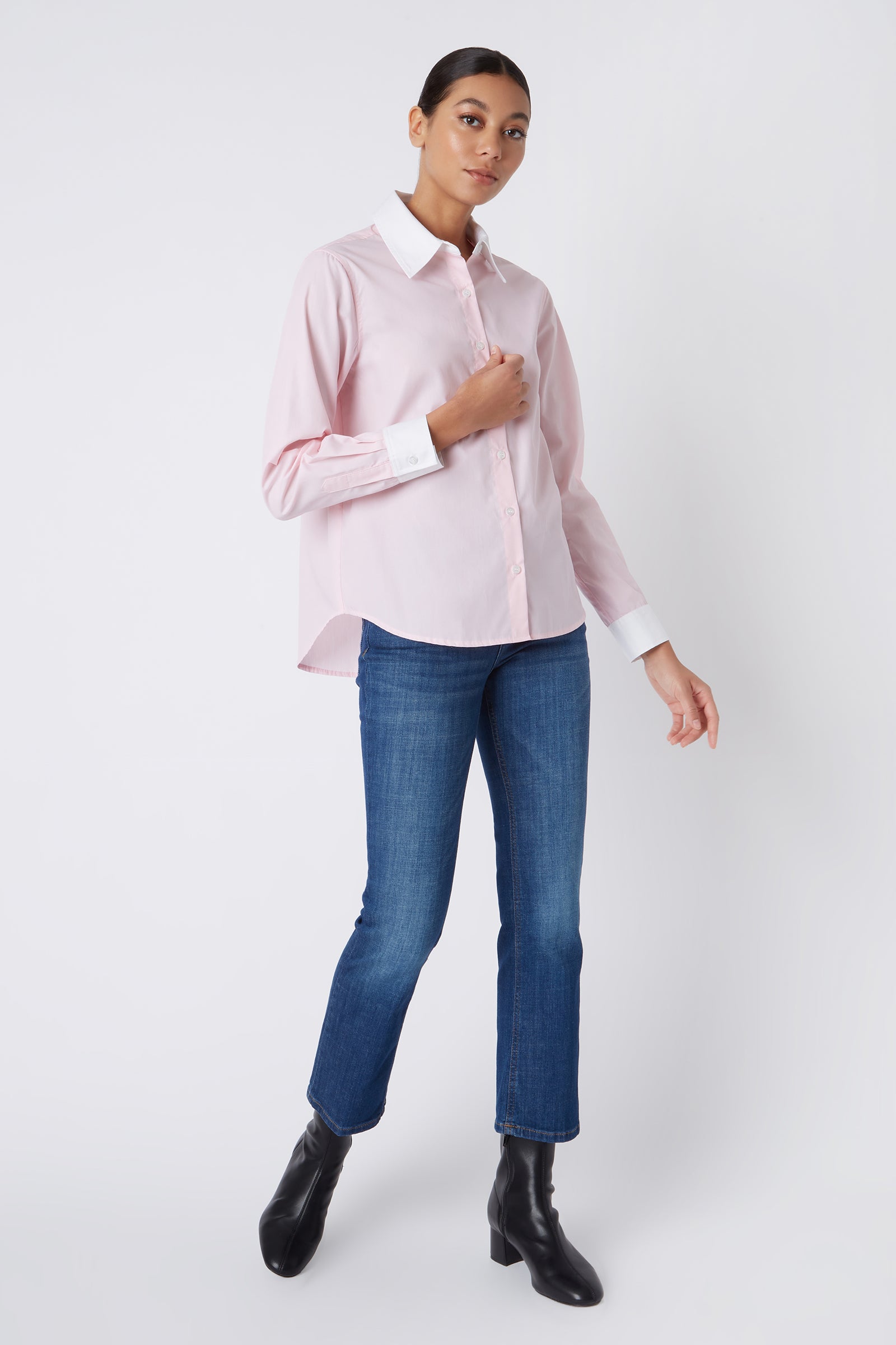 Kal Rieman Classic Tailored Shirt in Pink with White on Model Walking Full Front View