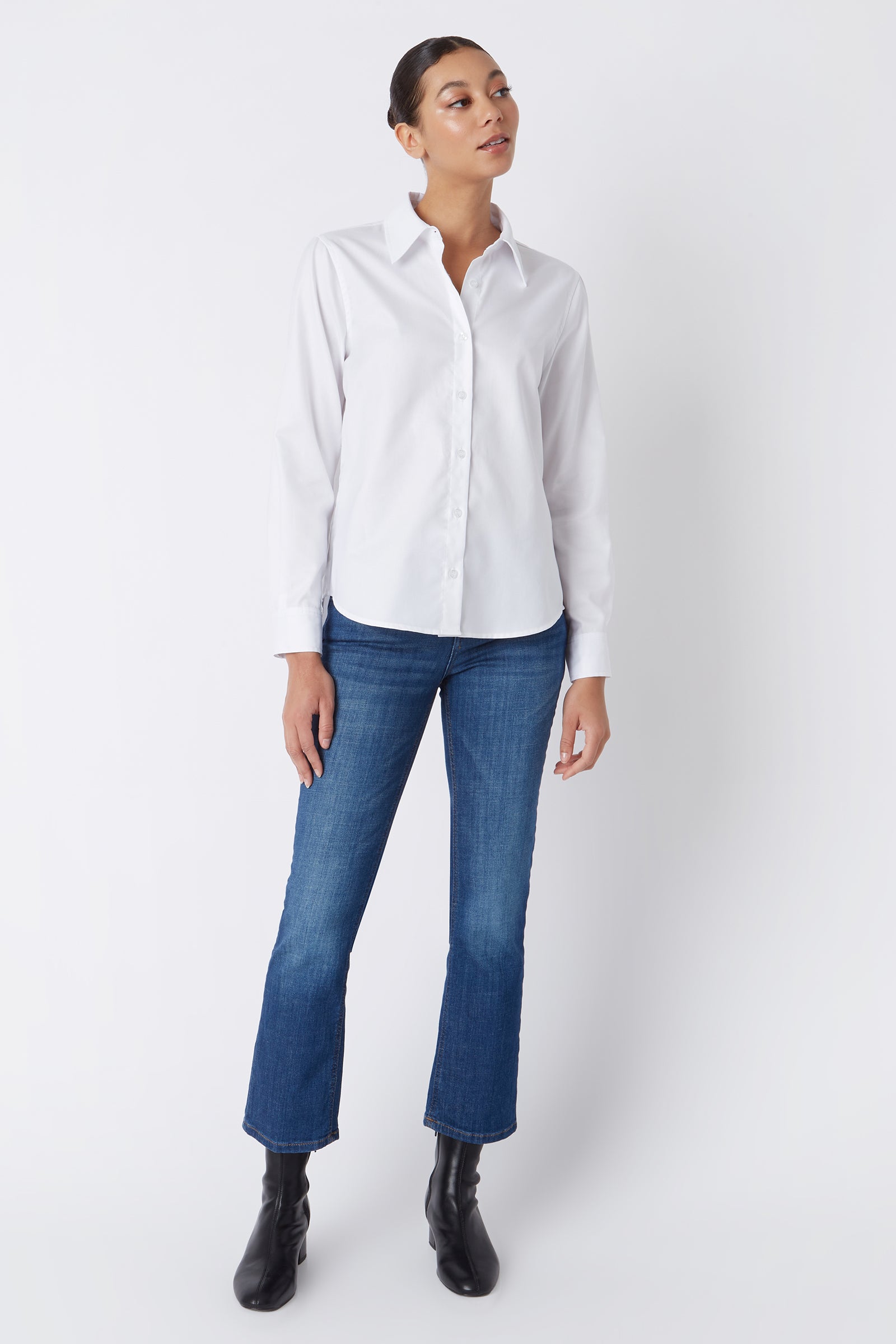 Kal Rieman Classic Tailored Shirt in White Stretch on Model Looking Left Full Front View