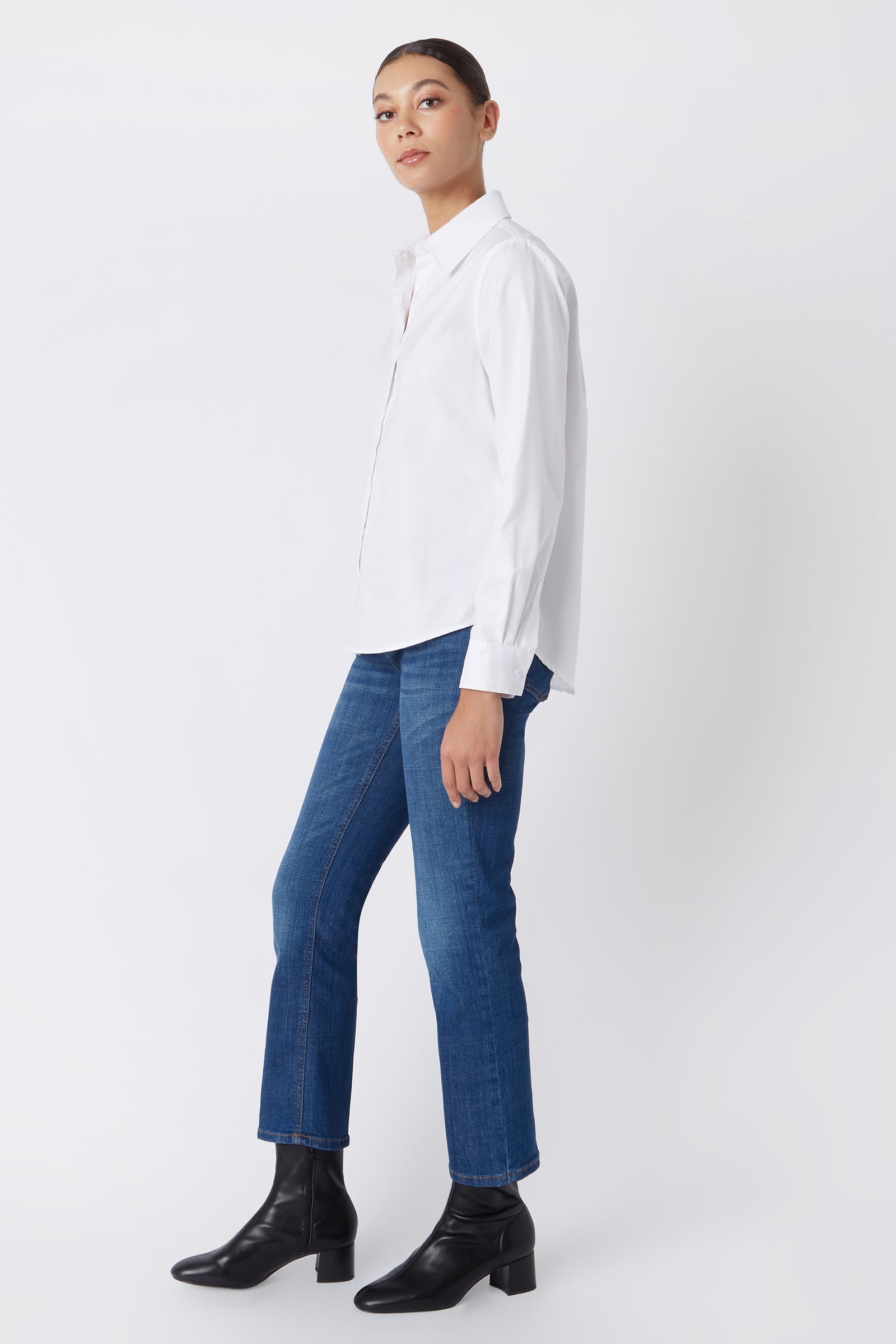 Kal Rieman Classic Tailored Shirt in White Stretch on Model Full Side View