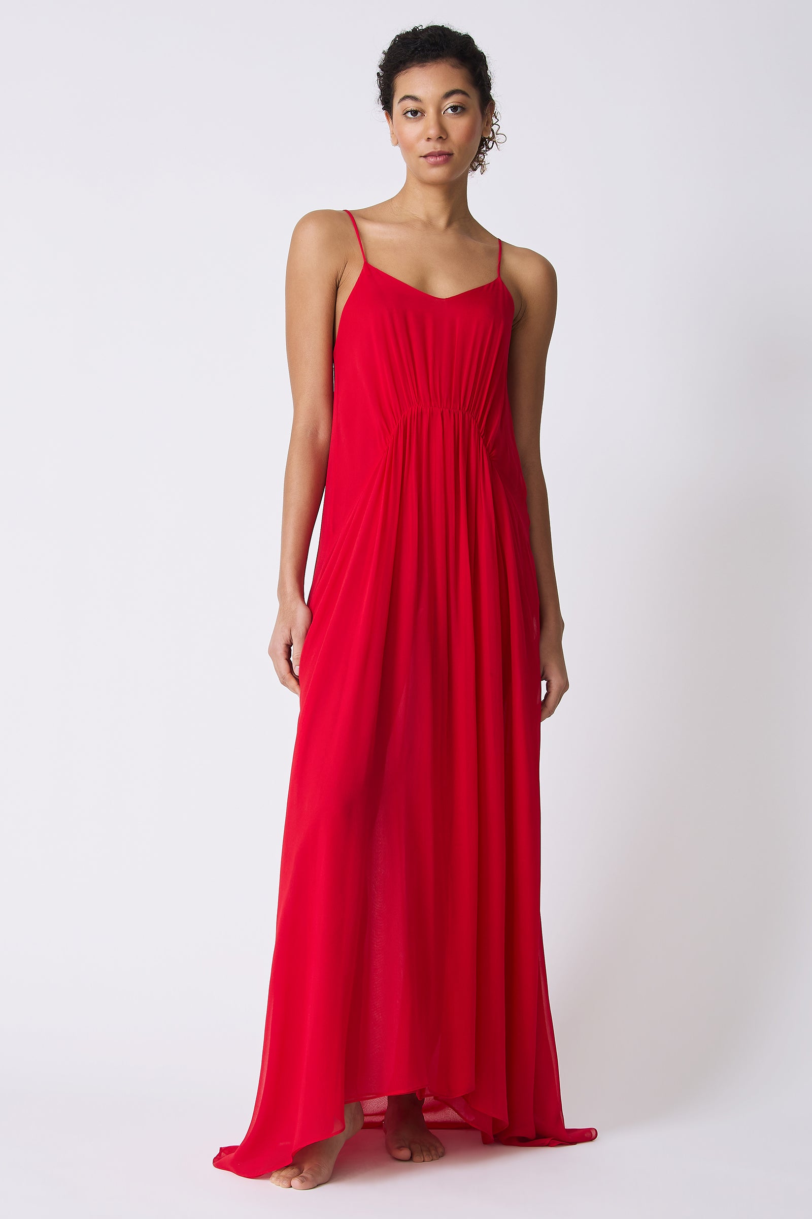 Kal Rieman Cora Shirred Maxi Dress in Red on model full front view