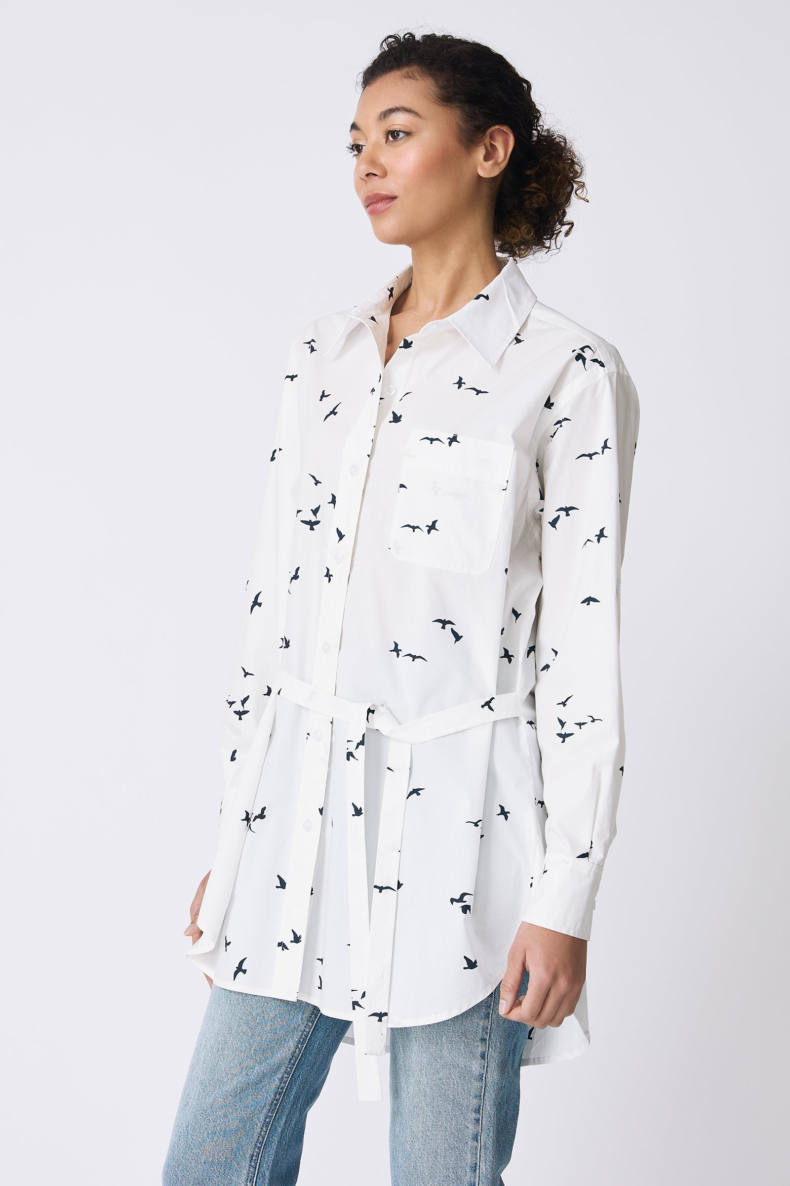 Kal Rieman Deanna Shirt in White Bird Print on model looking right front side view
