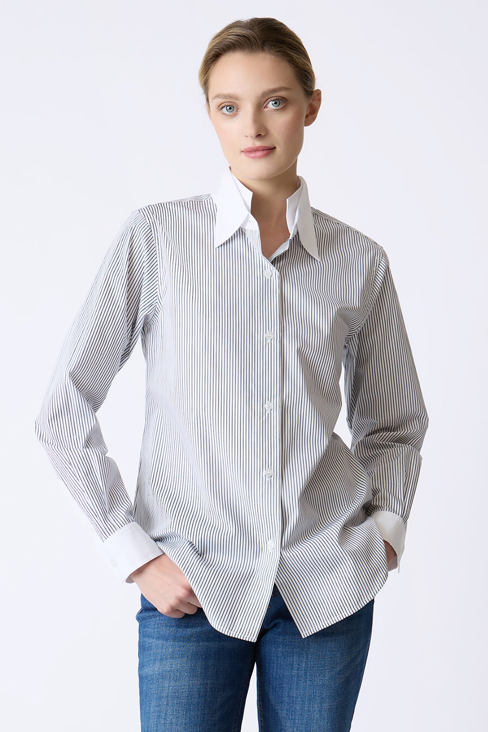 Kal Rieman Double Collar Shirt in Chain Stripe on model with hands in pockets front view