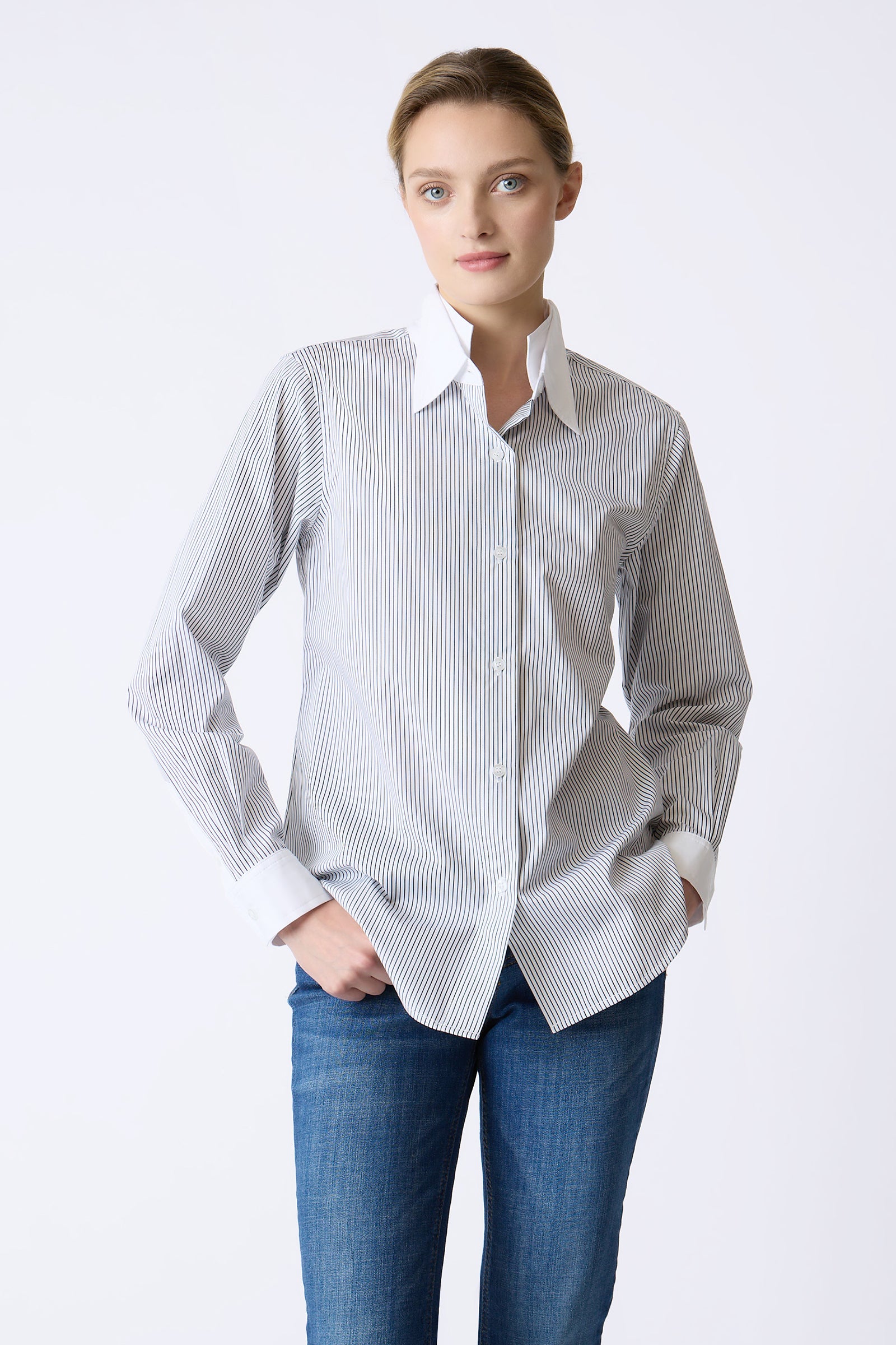 Kal Rieman Double Collar Shirt in Chain Stripe on model with hands in pockets front view