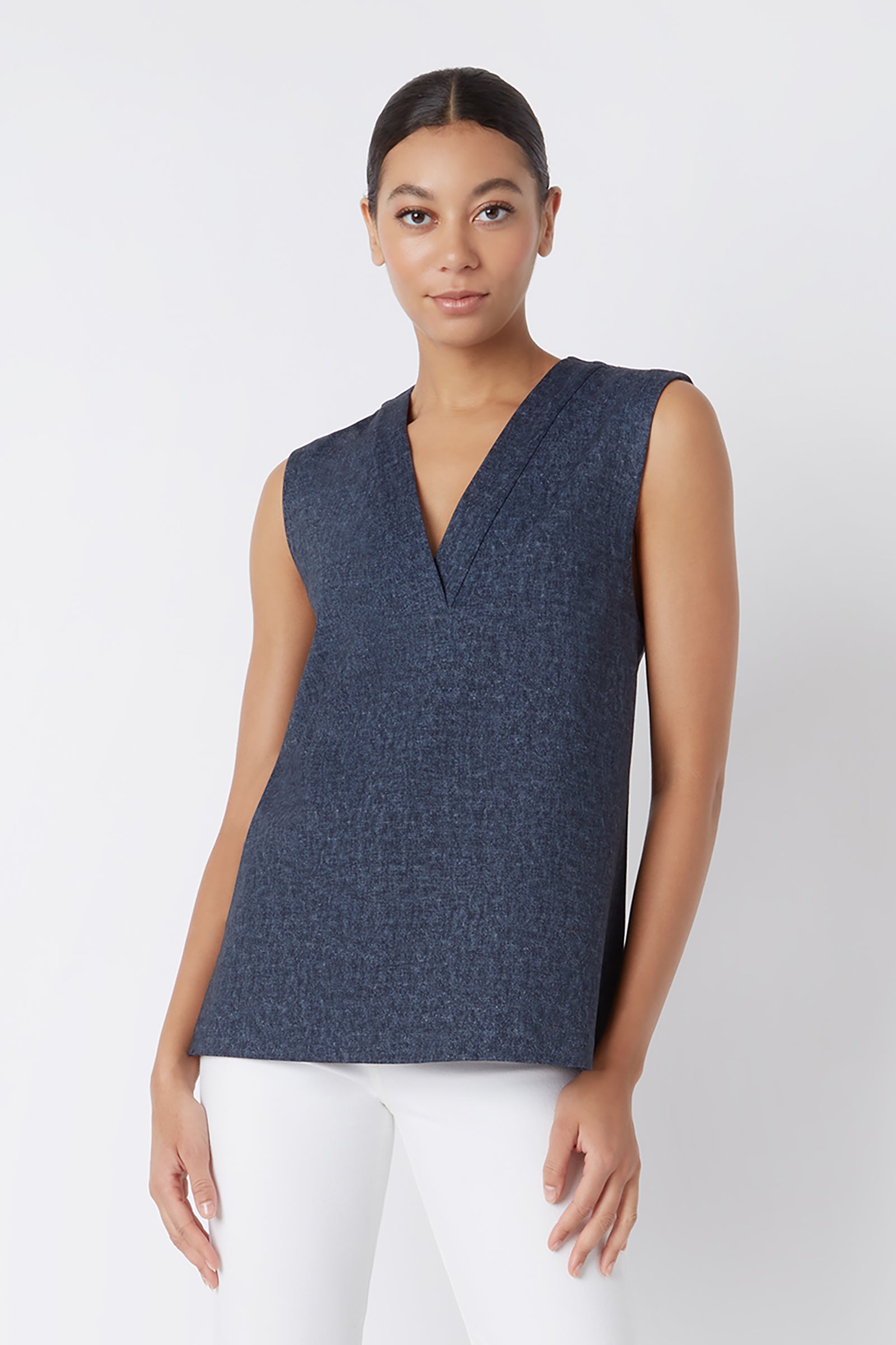 Kal Rieman Dustin Collared Vest in Navy Heather on Model Cropped Front View