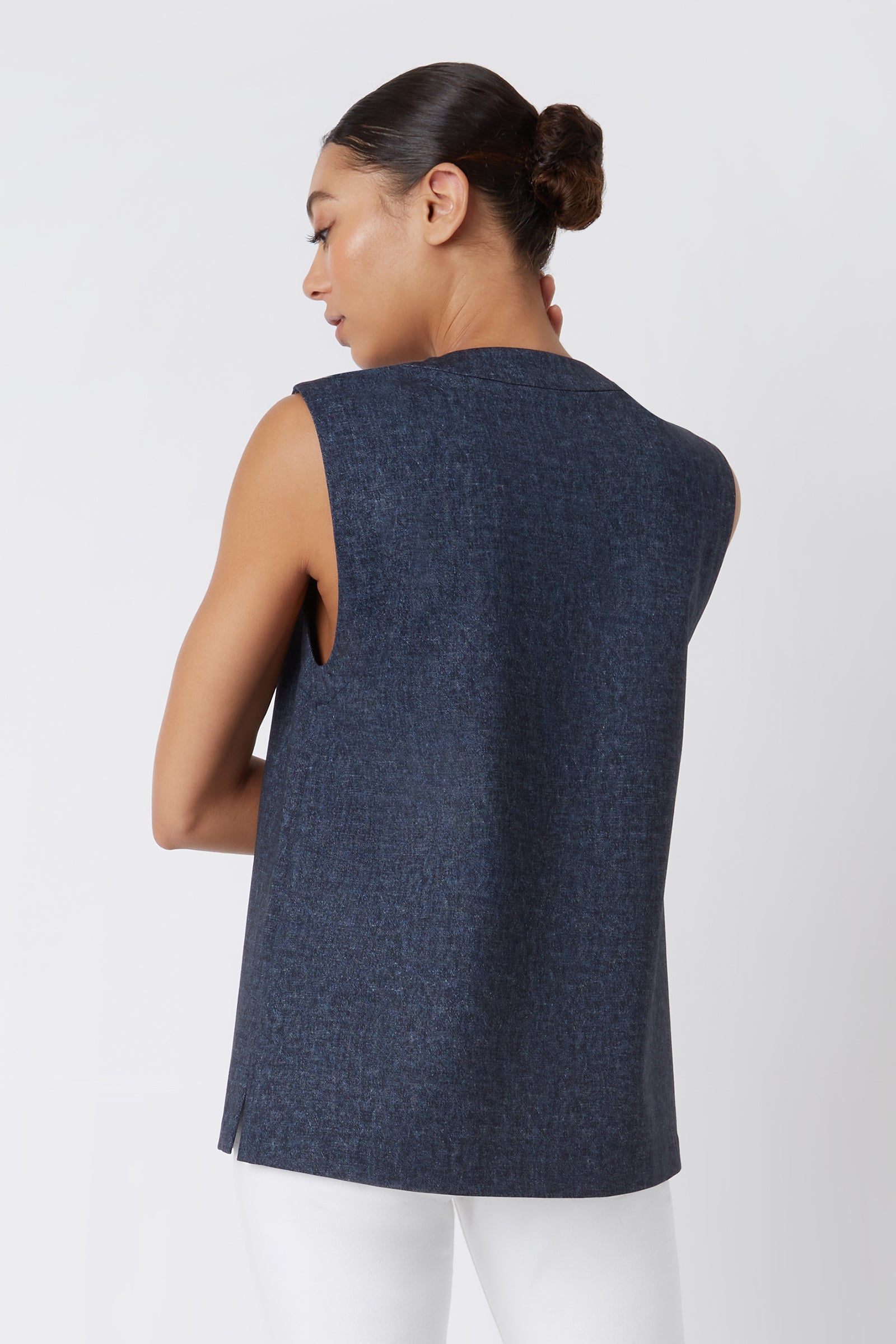 Kal Rieman Dustin Collared Vest in Navy Heather on Model Cropped Back View