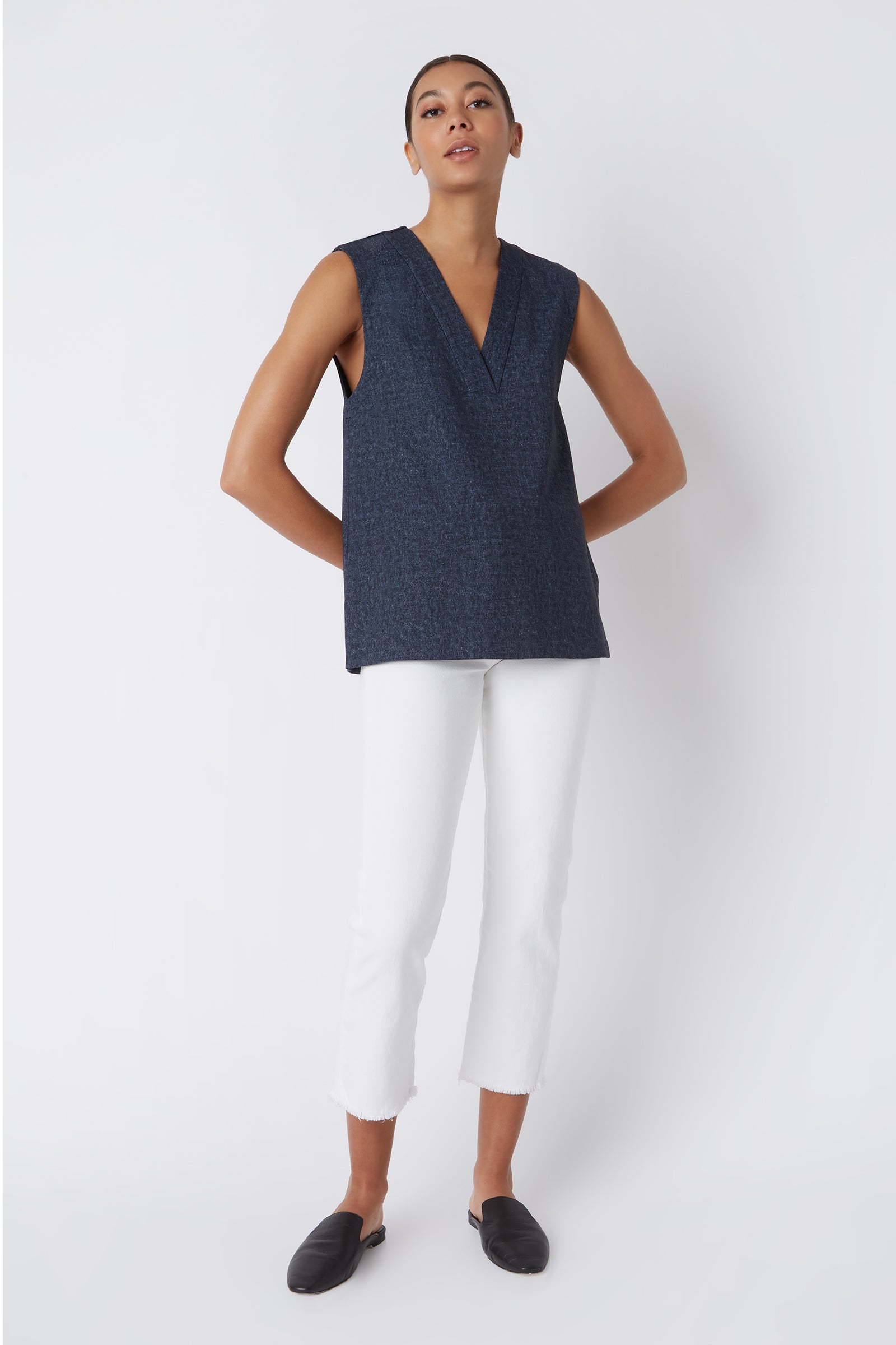 Kal Rieman Dustin Collared Vest in Navy Heather on Model with Hands Behind Back Full Front View