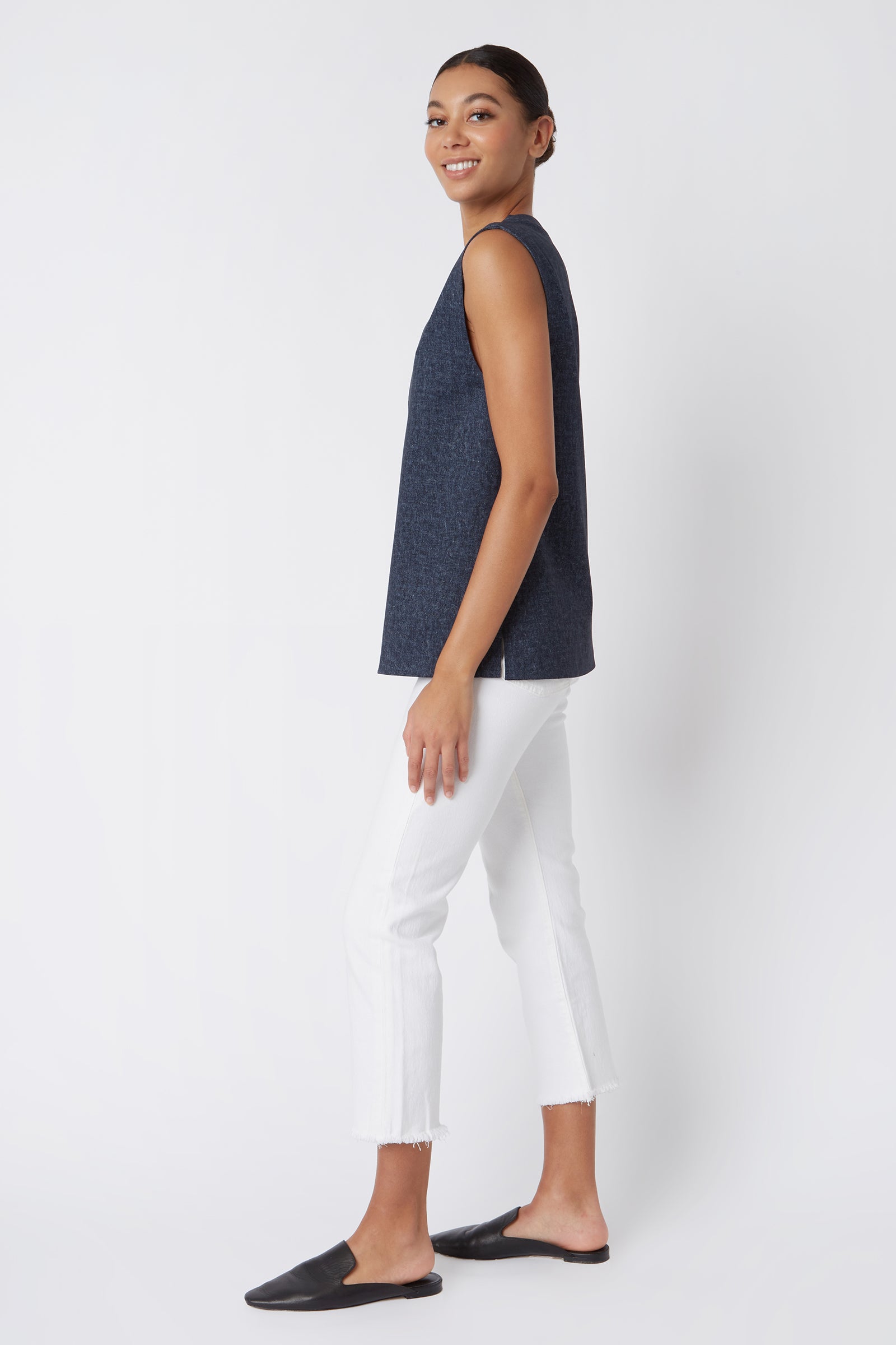 Kal Rieman Dustin Collared Vest in Navy Heather on Model Full Side View