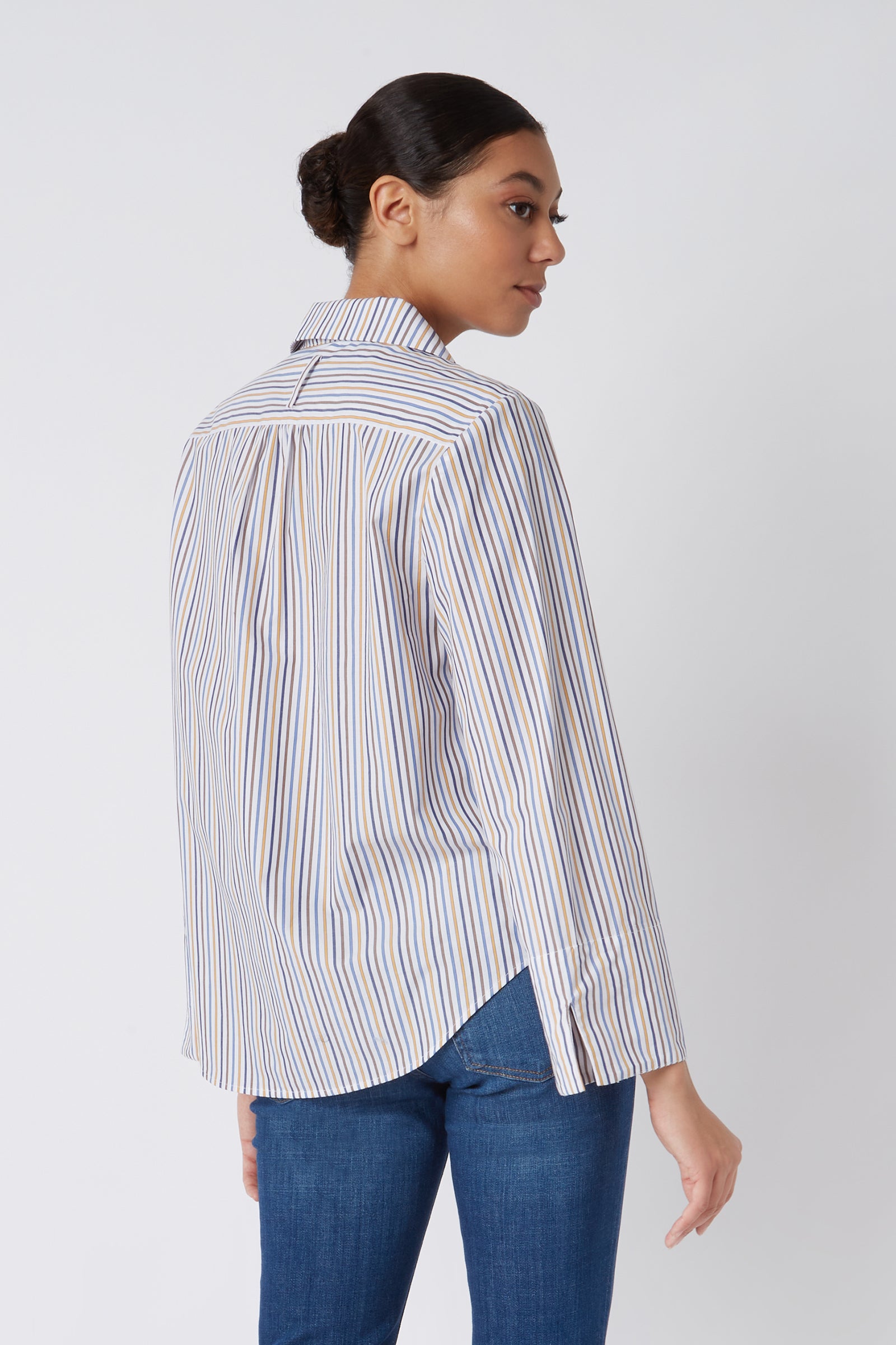 Kal Rieman Edie Collared Placket Shirt in Multi Stripe Gold on Model Cropped Back View