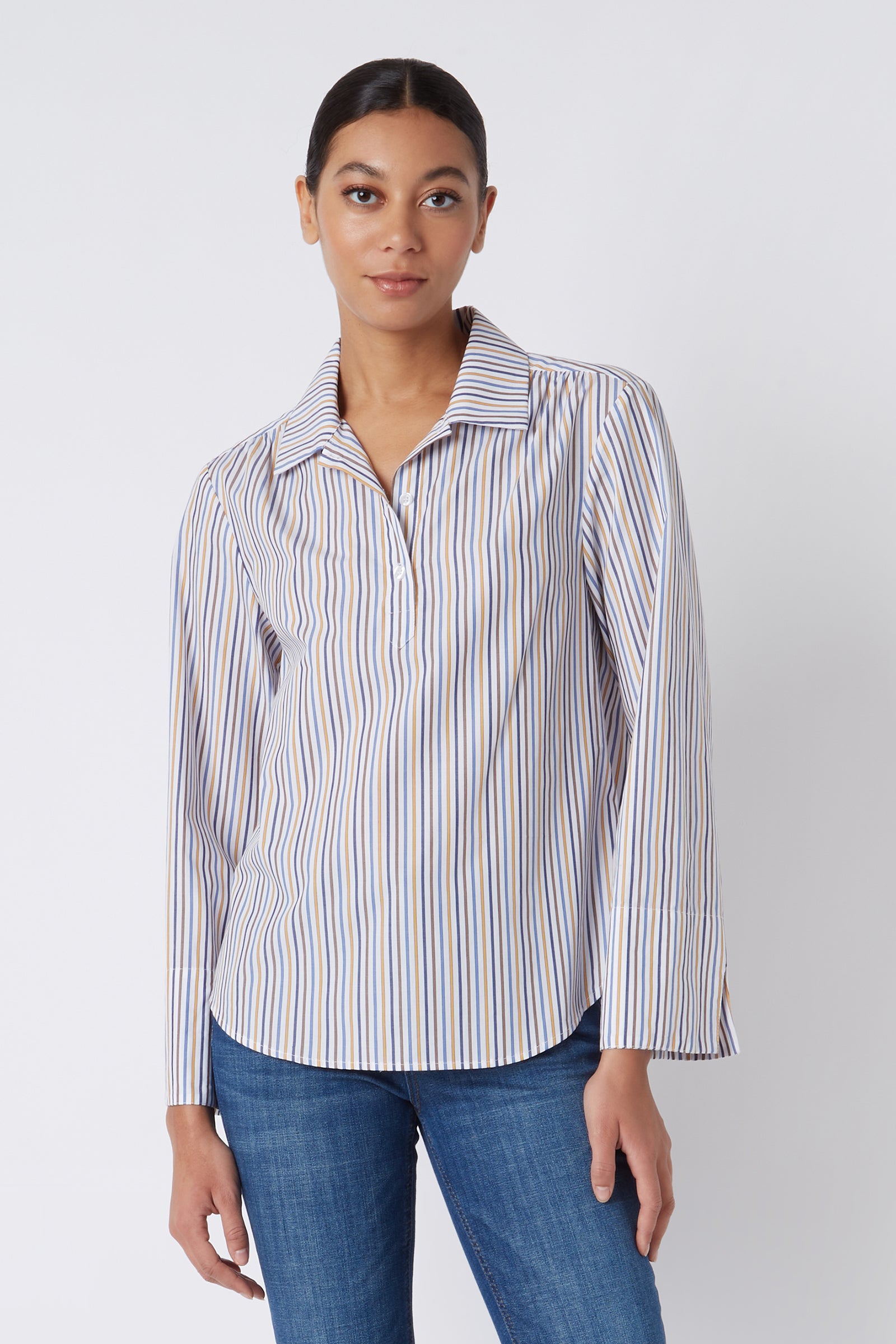 Kal Rieman Edie Collared Placket Shirt in Multi Stripe Gold on Model Cropped Front View