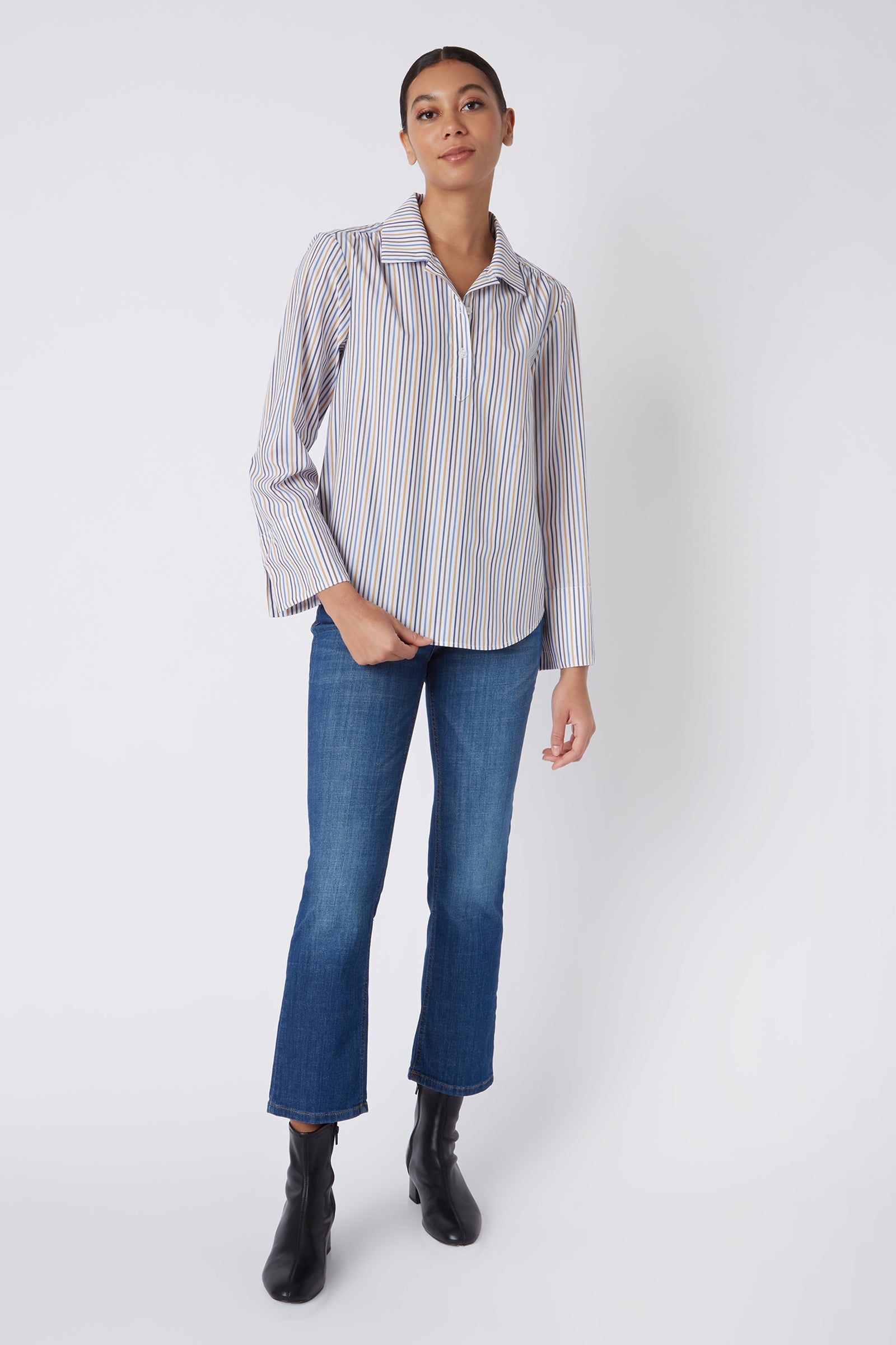 Kal Rieman Edie Collared Placket Shirt in Multi Stripe Gold on Model Full Front View