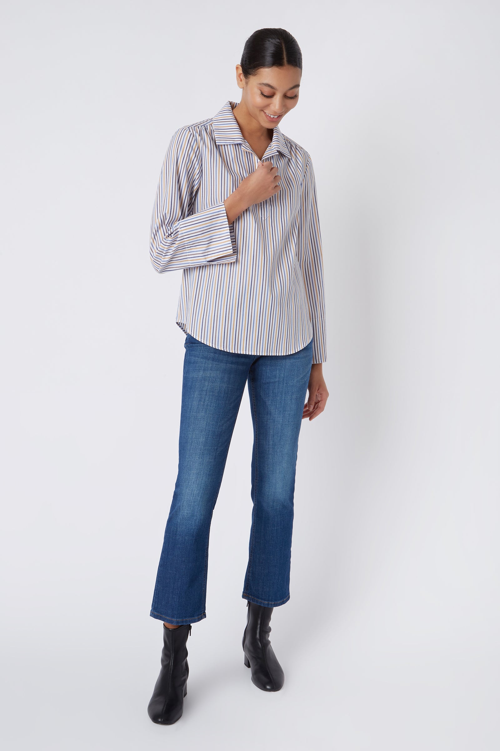 Kal Rieman Edie Collared Placket Shirt in Multi Stripe Gold on Model Looking Down Full Front View