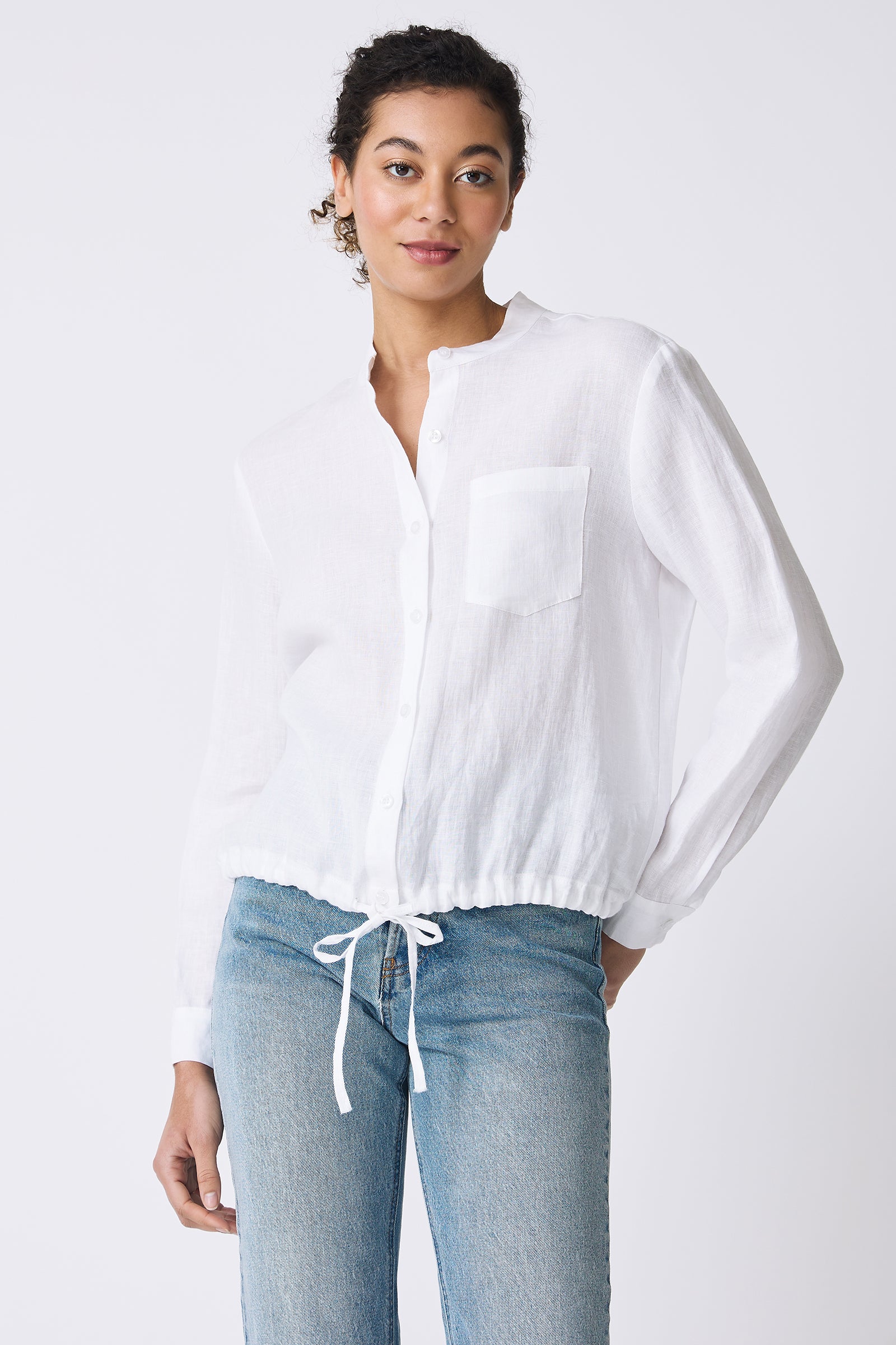 Kal Rieman Ella Drawstring Shirt in White on model front view