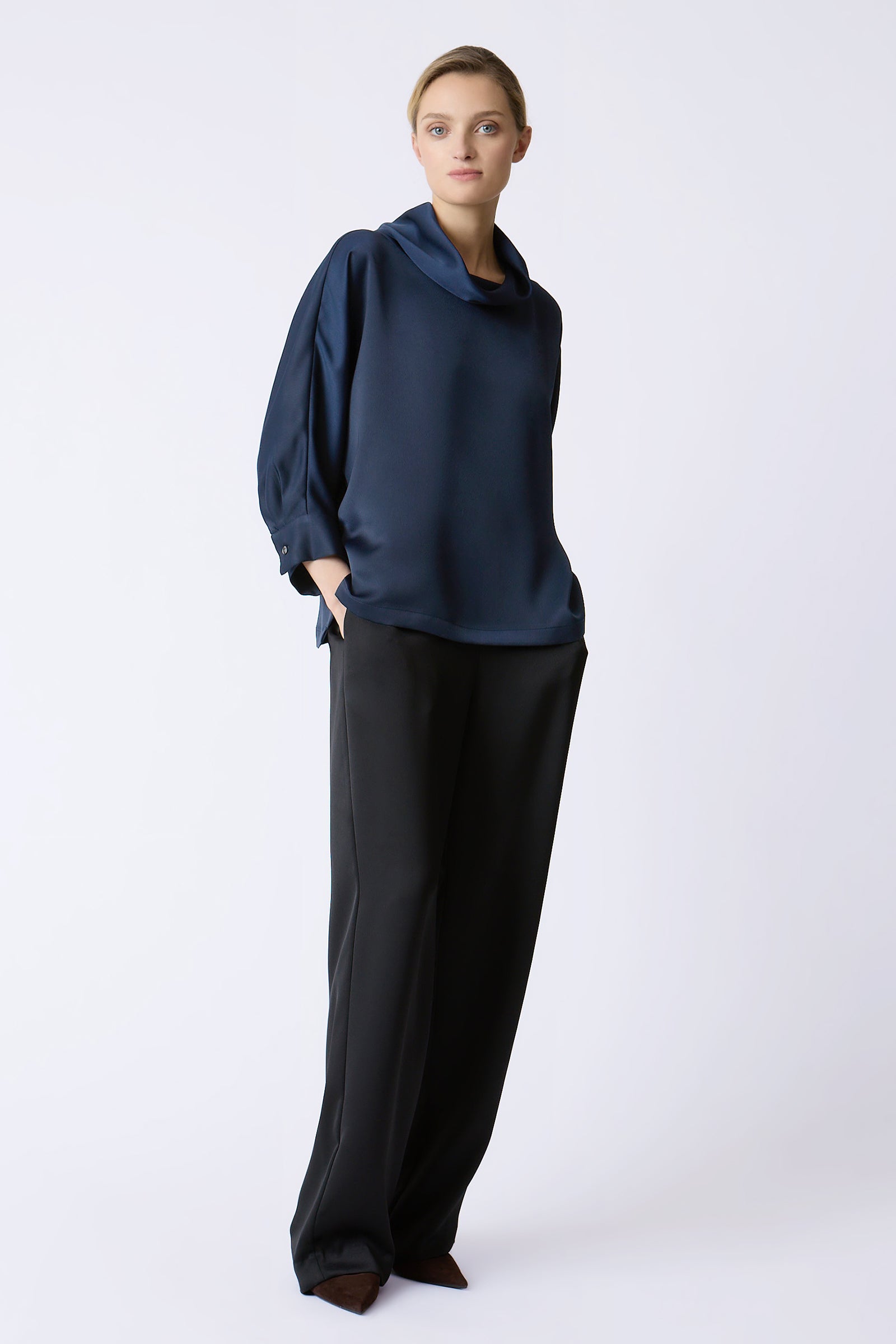 Kal Rieman Ellie Satin Tneck in Navy on model touching collar front view