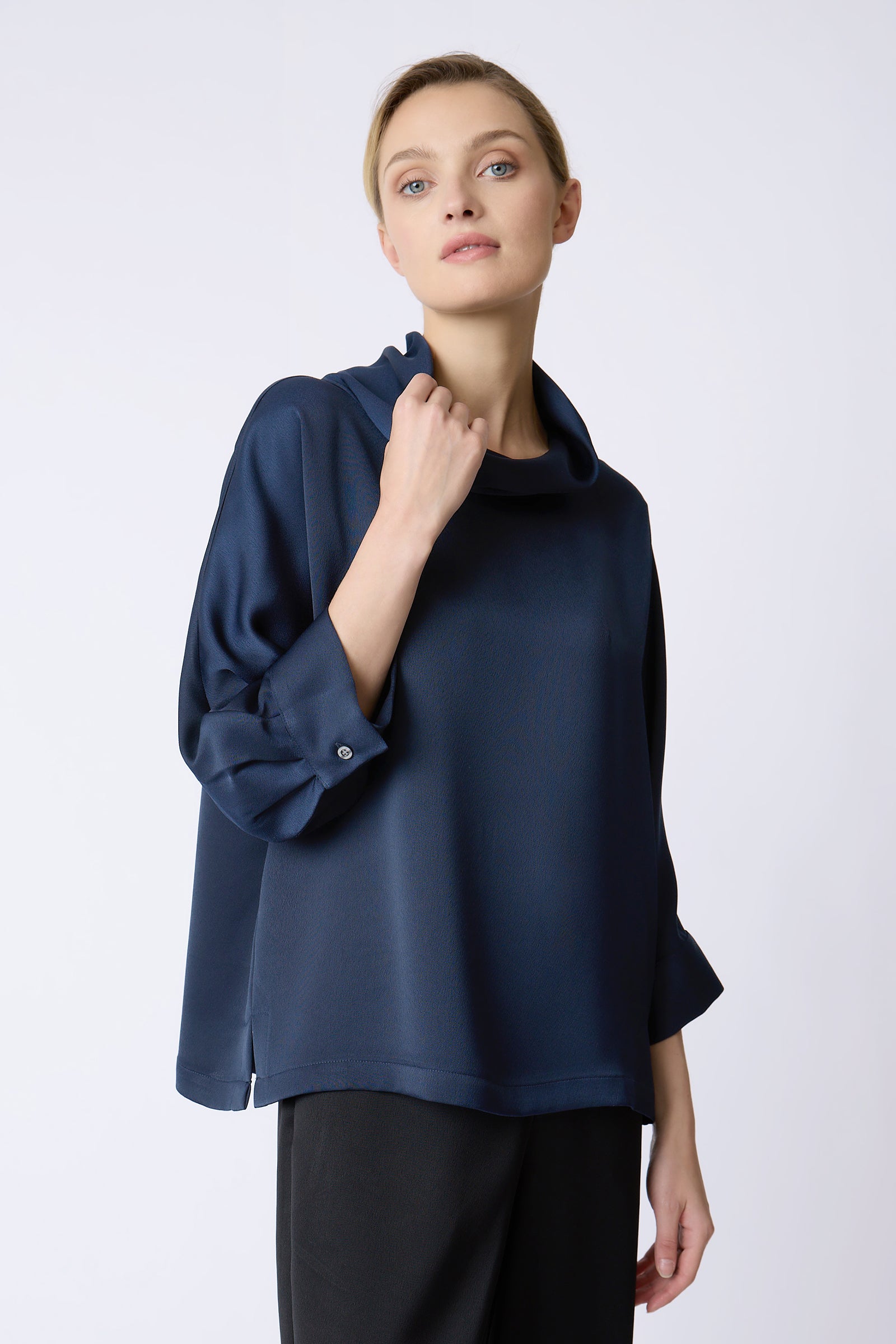 Kal Rieman Ellie Satin Tneck in Navy on model touching collar front view