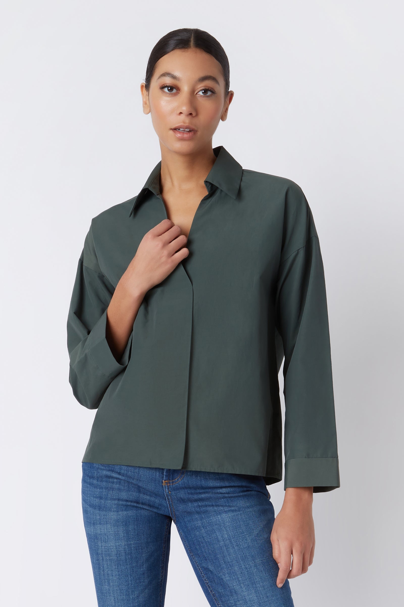 Kal Rieman Emma Collared Kimono in Loden Green on Model Cropped Front View