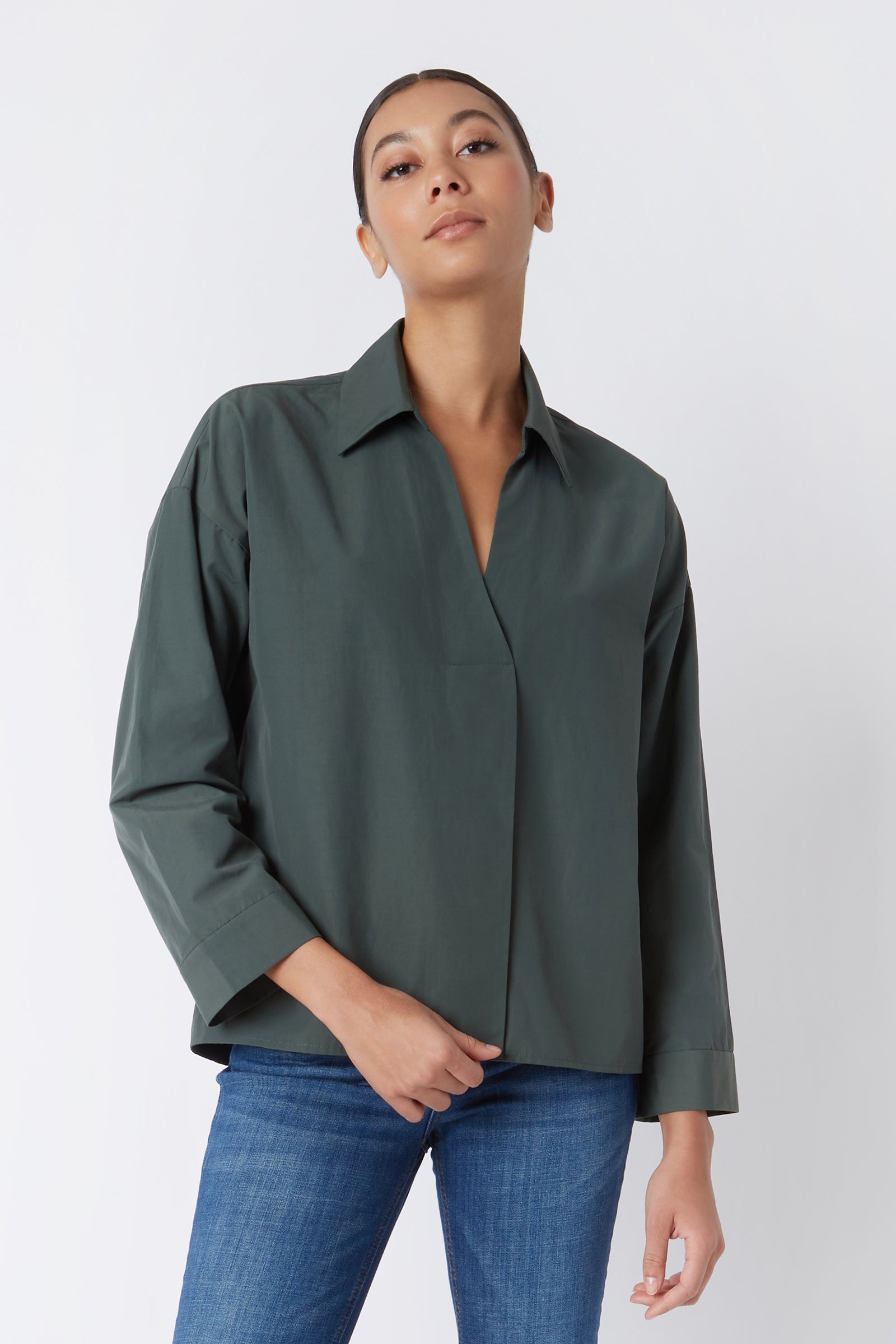 Kal Rieman Emma Collared Kimono in Loden Green on Model with Chin Up Cropped Front View