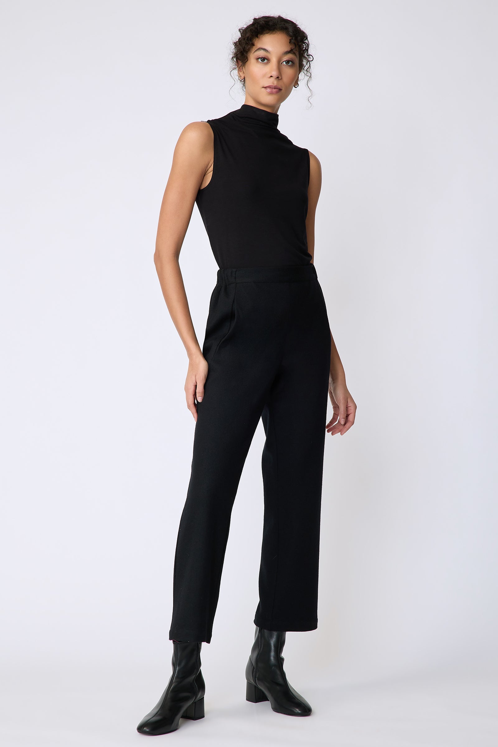 Kal Rieman Felted Jersey Angle seam crop pant in black on model front view full length