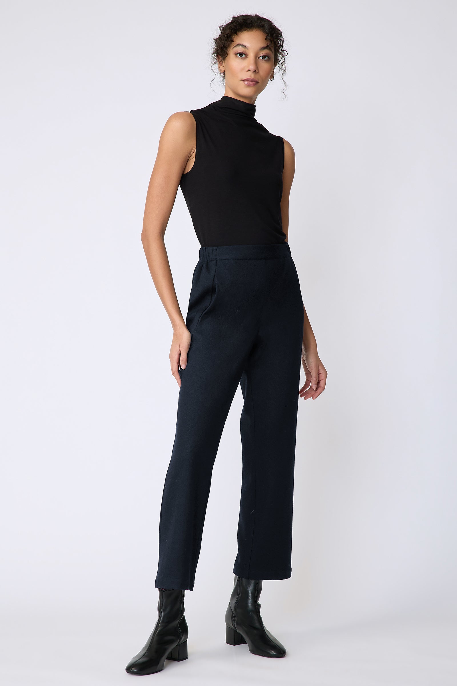 Kal Rieman Felted Jersey Angle seam crop pant in midnight on model front view full length