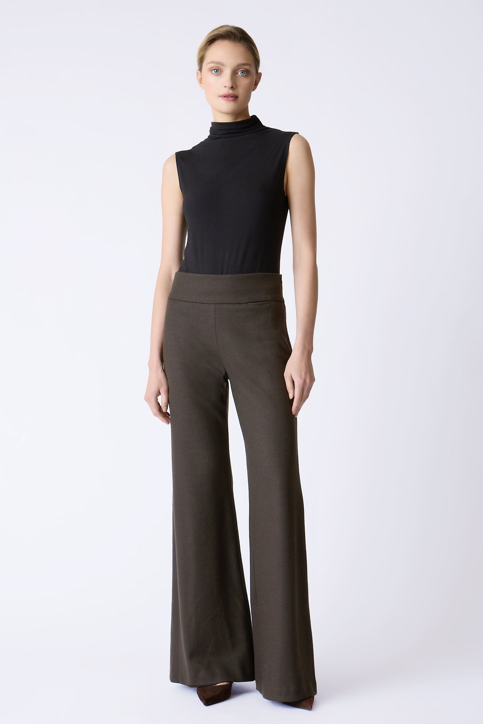 Kal Rieman Felted Jersey Wide Leg in Espresso new on model full front view