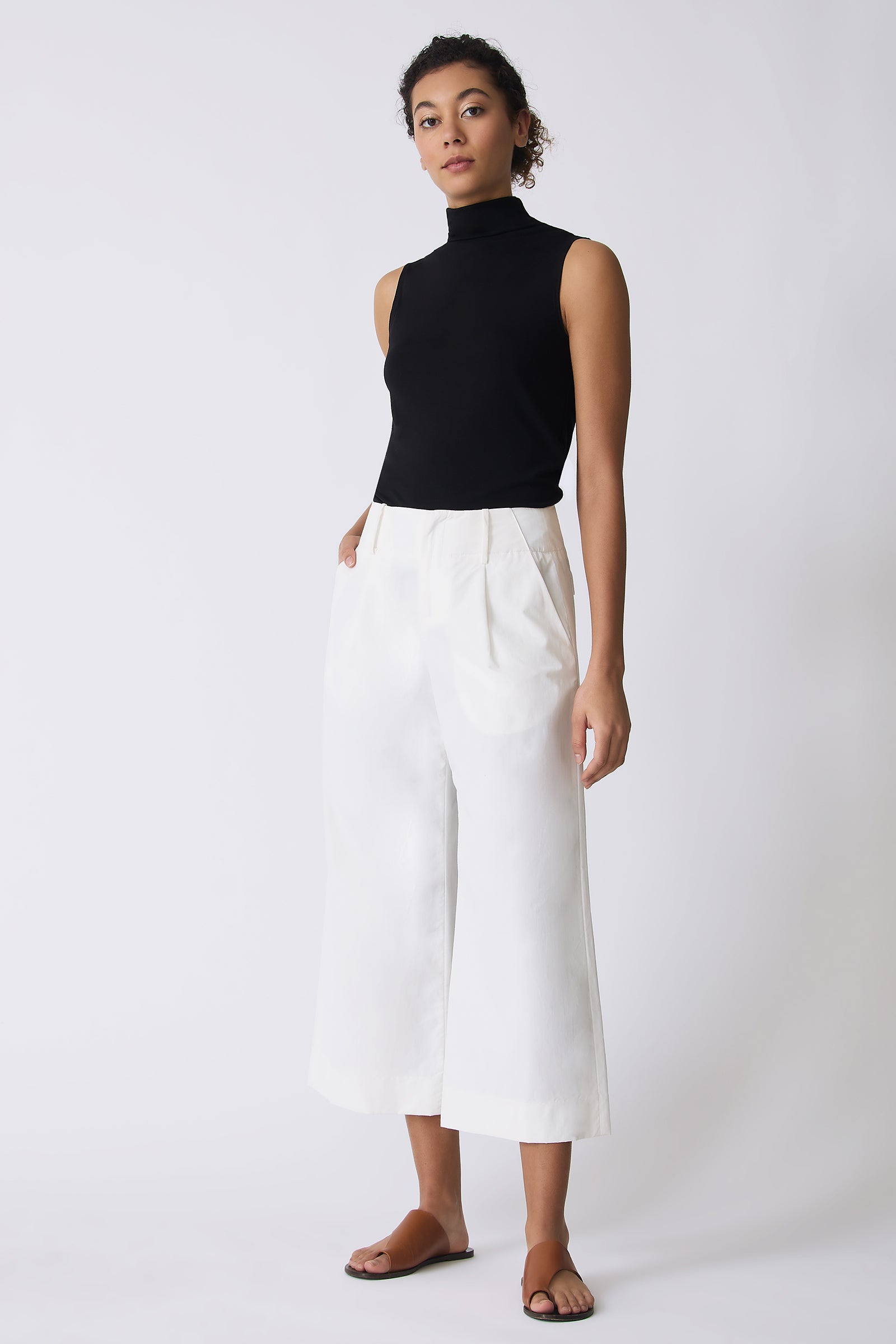 Kal Rieman Gabby Crop Pant in Ecru on model with hand in pocket full front view