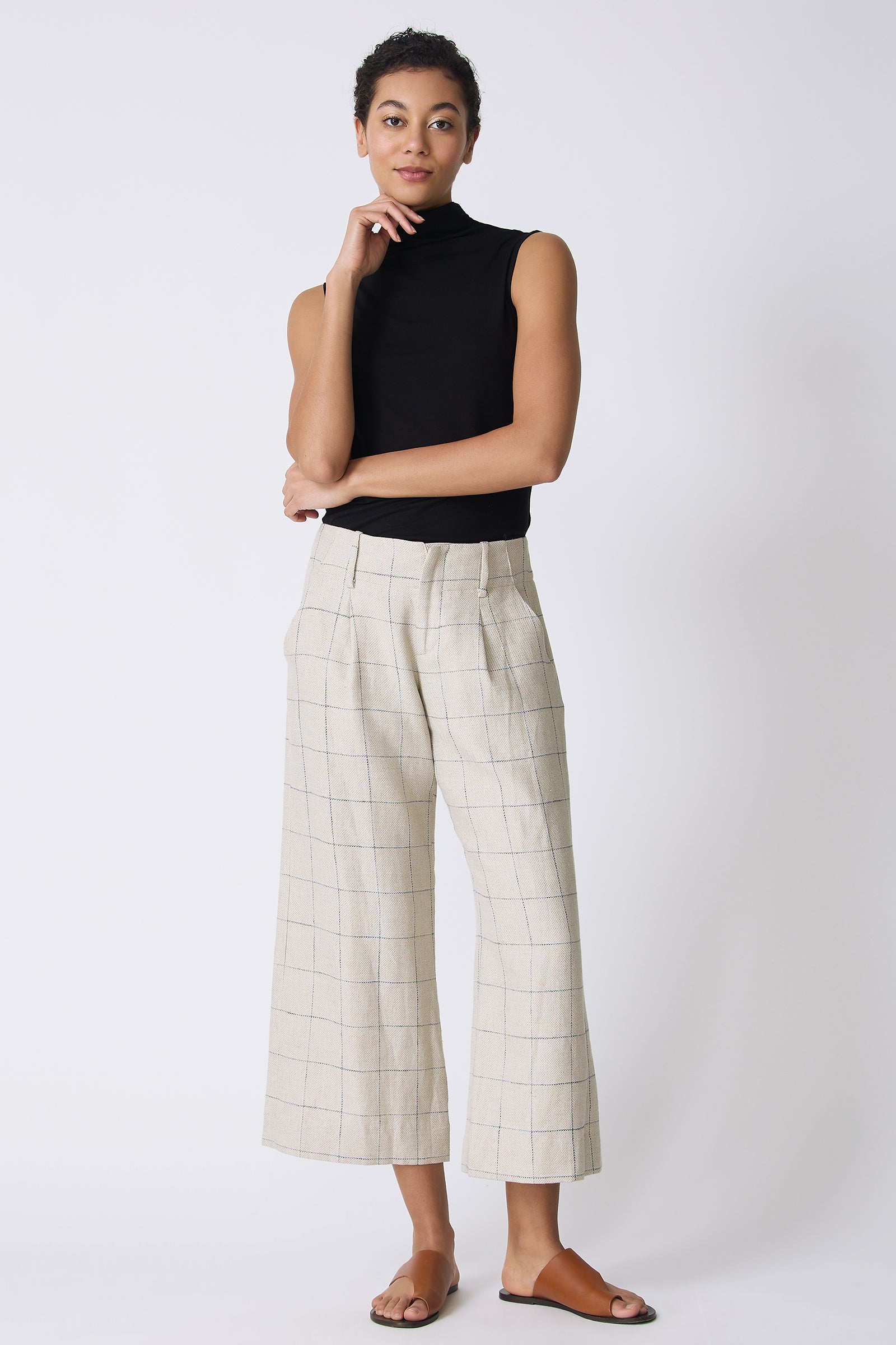 Kal Rieman Gabby Crop Pant in Windowpane on model with hand under chin full front view