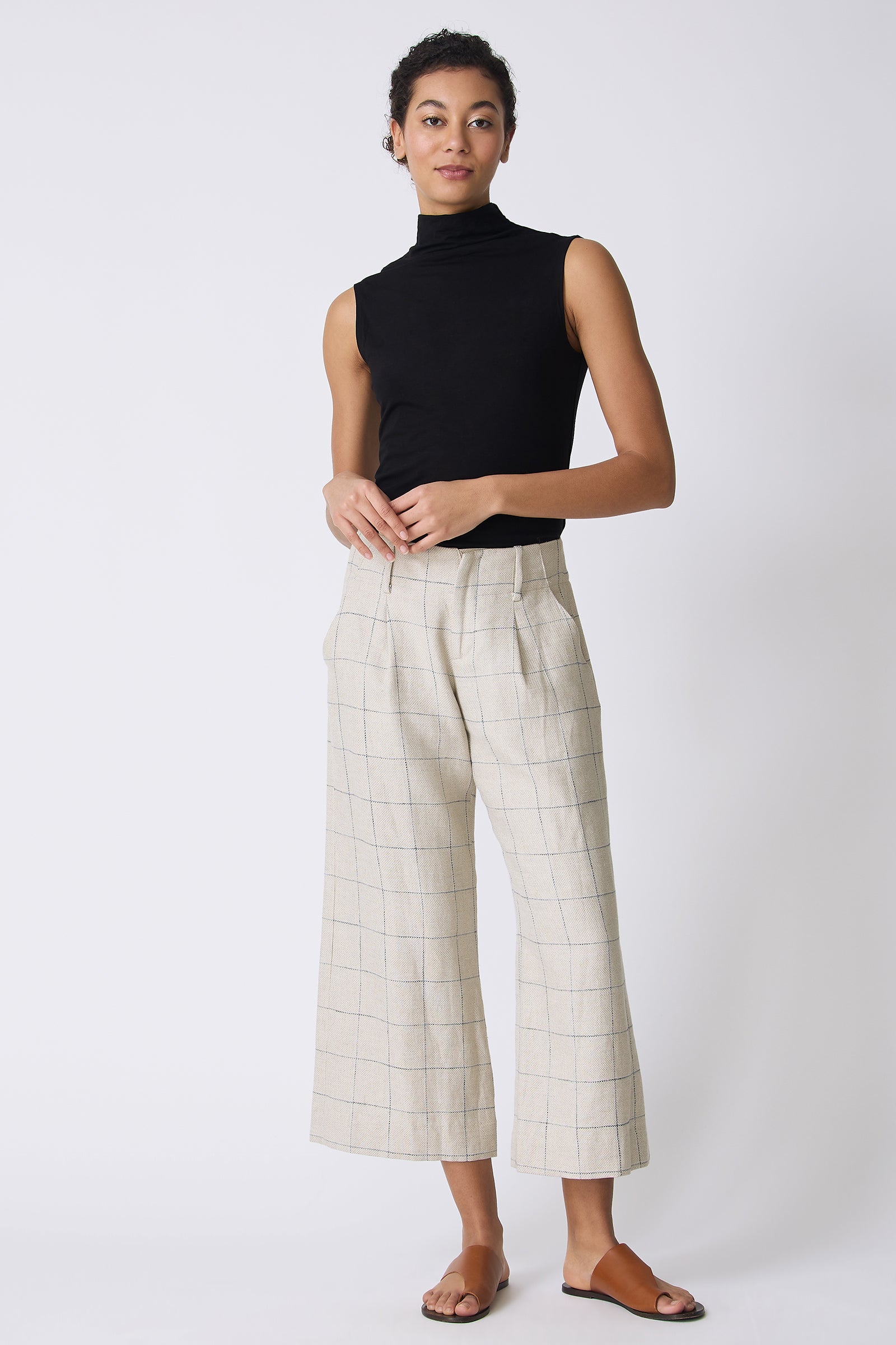 Kal Rieman Gabby Crop Pant in Windowpane on model touching hands full front view