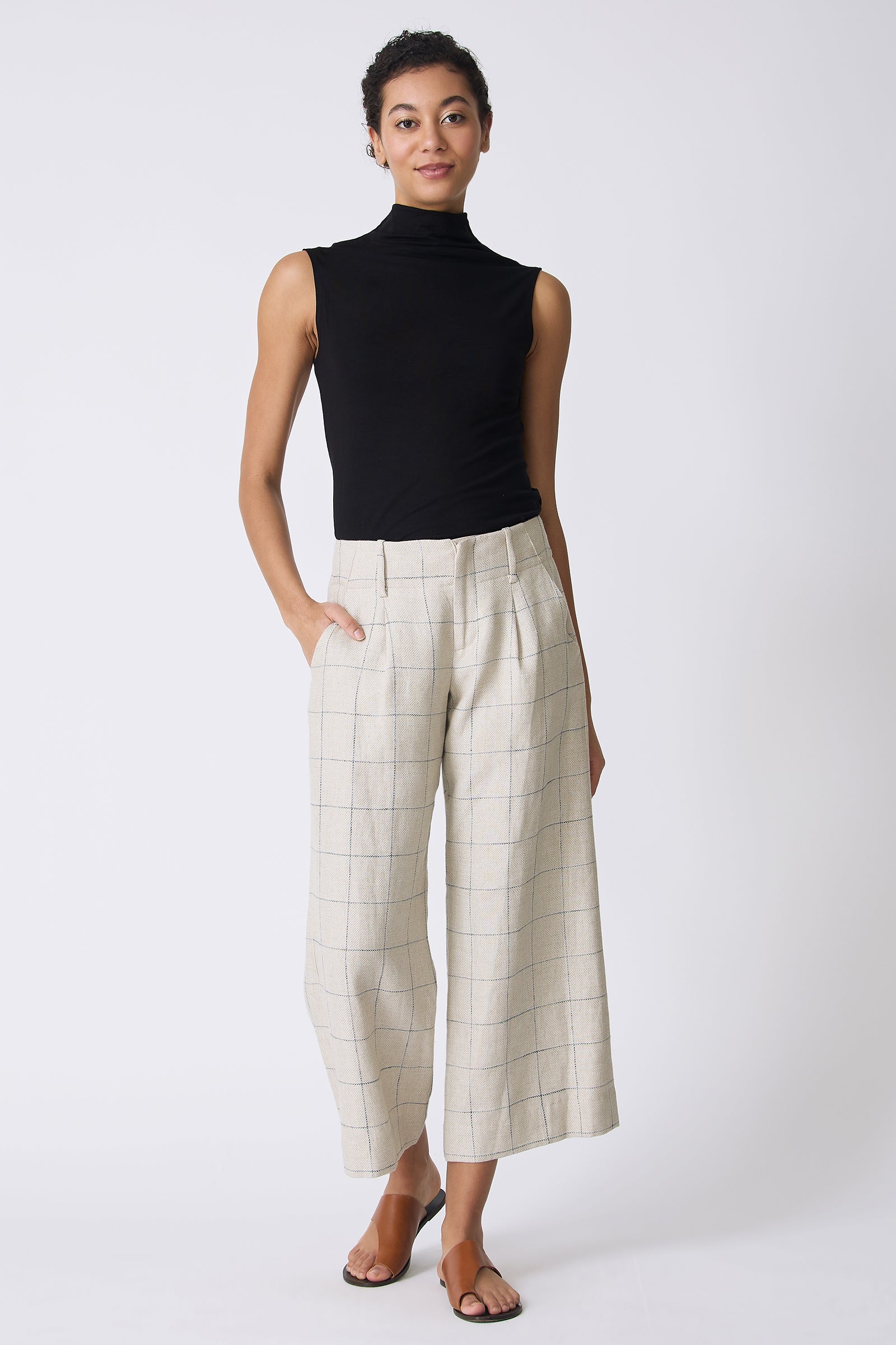 Kal Rieman Gabby Crop Pant in Windowpane on model with hand in pocket full front view