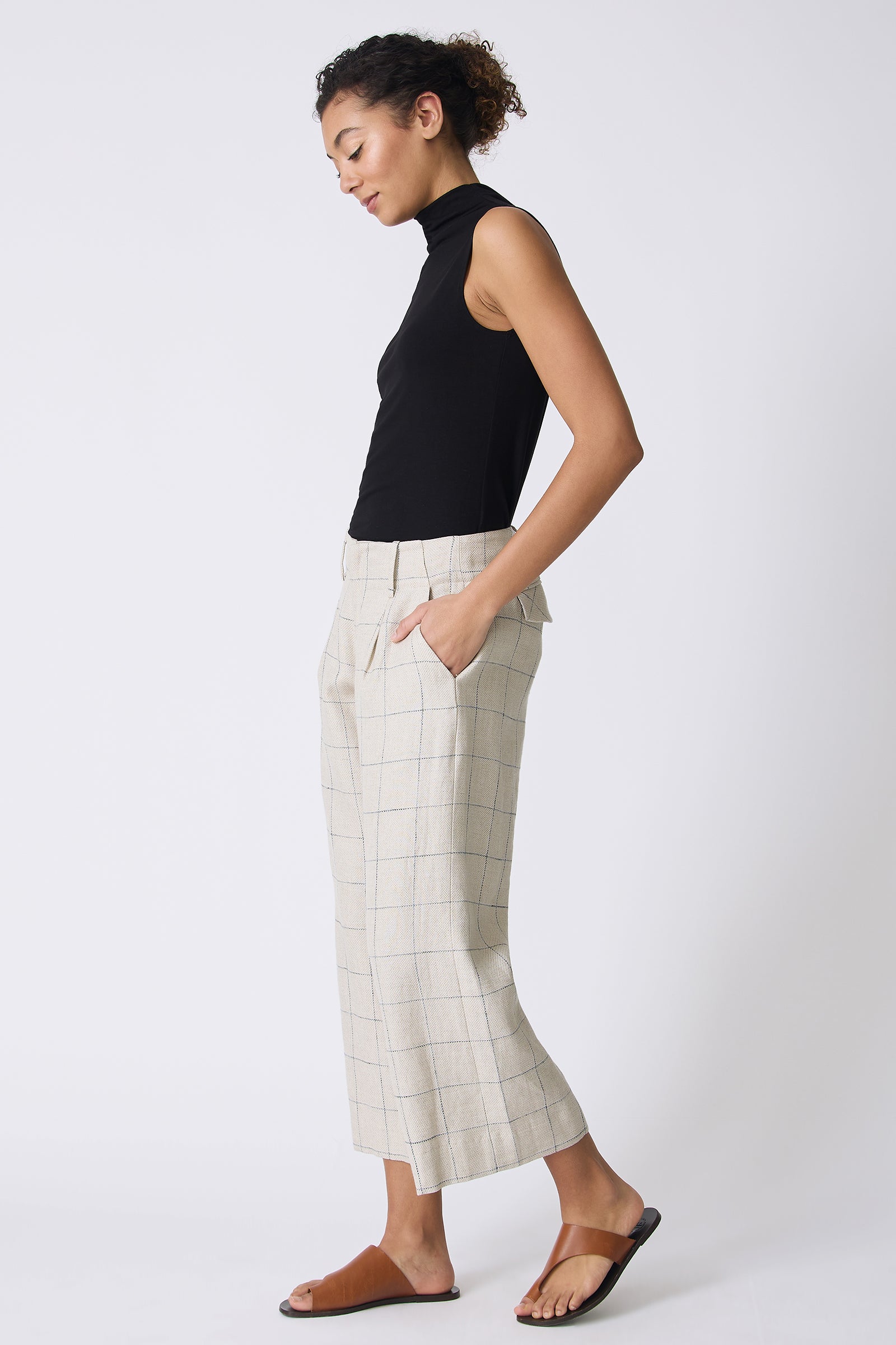 Kal Rieman Gabby Crop Pant in Windowpane on model with hand in pocket full side view
