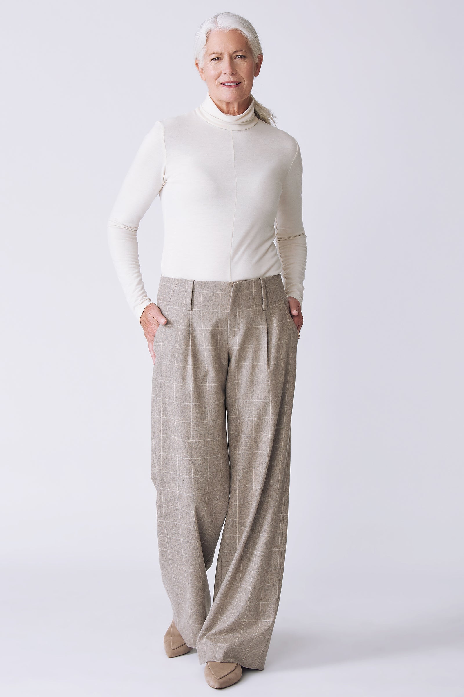 Kal Rieman Gabby Trouser in camel windowpane on model front view full