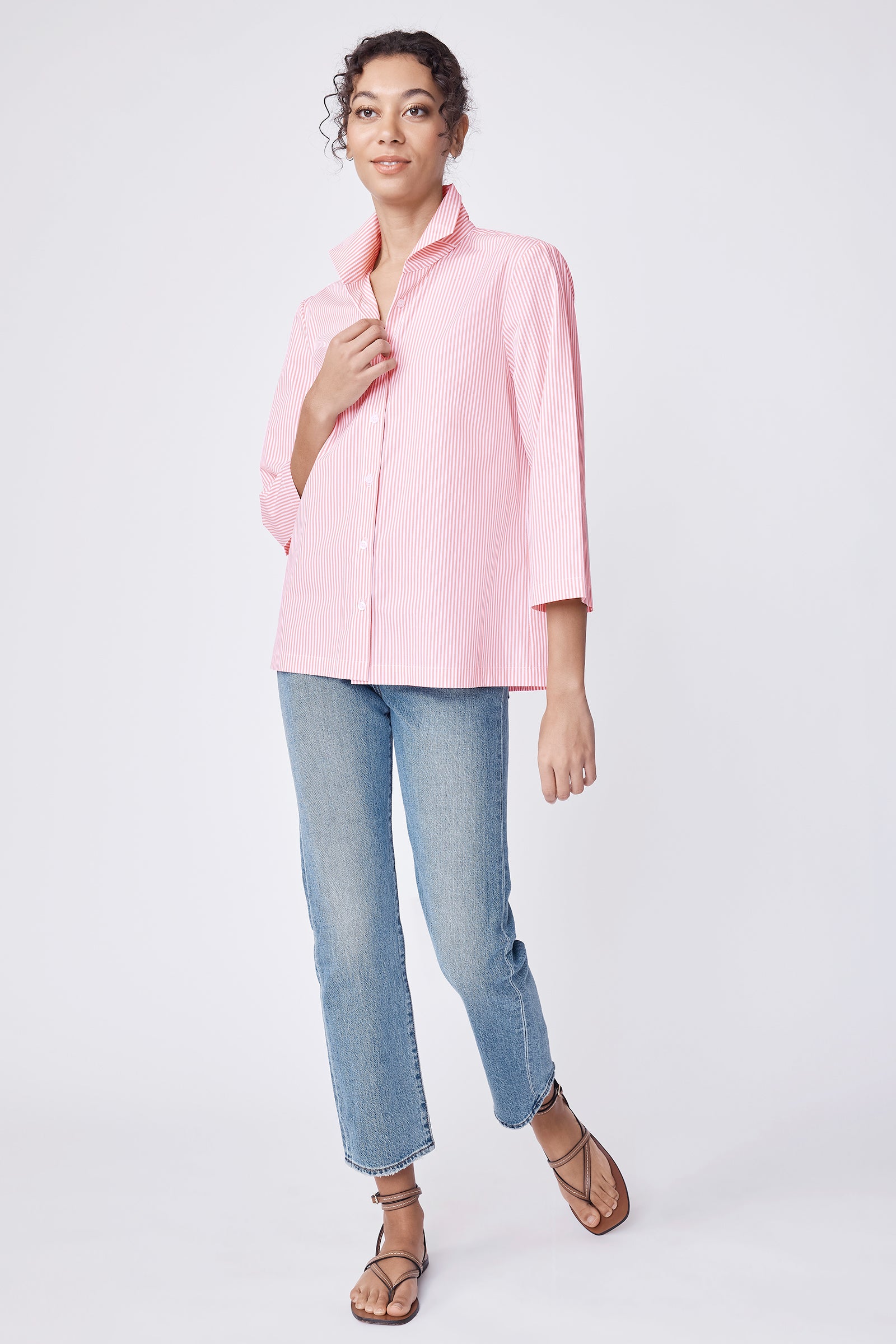 3/4 Sleeve Ginna Shirt in Peach Stripe with Wing Collar XL / Peach Stripe 3/4 Sleeve Ginna Shirt in Peach Stripe with Wing Collar XL / Peach Stripe
