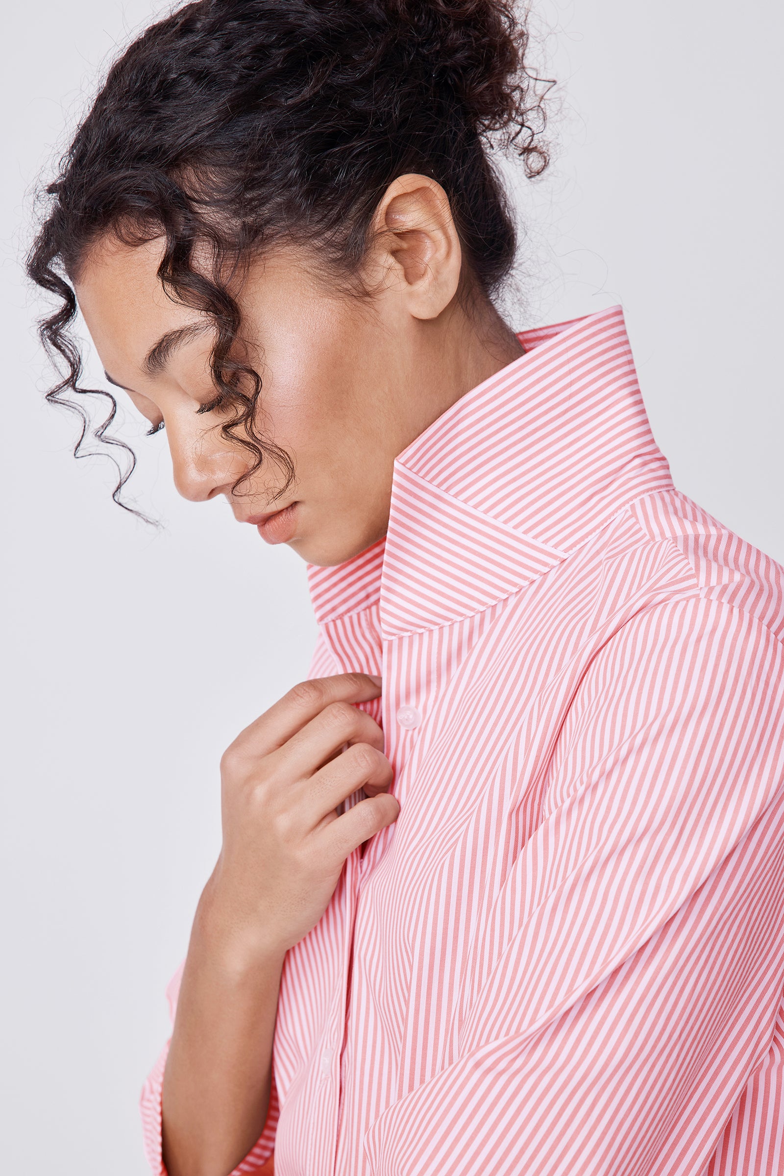 3/4 Sleeve Ginna Shirt in Peach Stripe with Wing Collar XL / Peach Stripe 3/4 Sleeve Ginna Shirt in Peach Stripe with Wing Collar XL / Peach Stripe