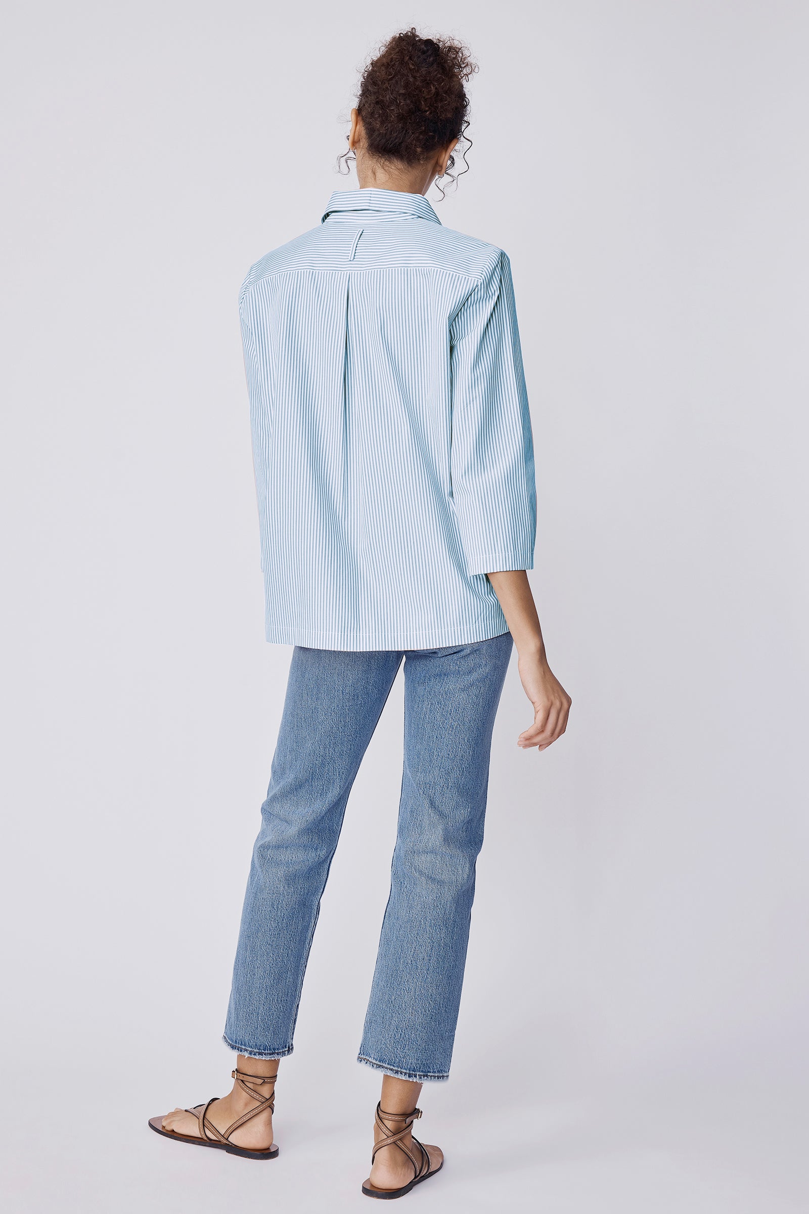 Kal Rieman Ginna 3/4 Sleeve Shirt in Saltwater Blue stripe on model front detail
