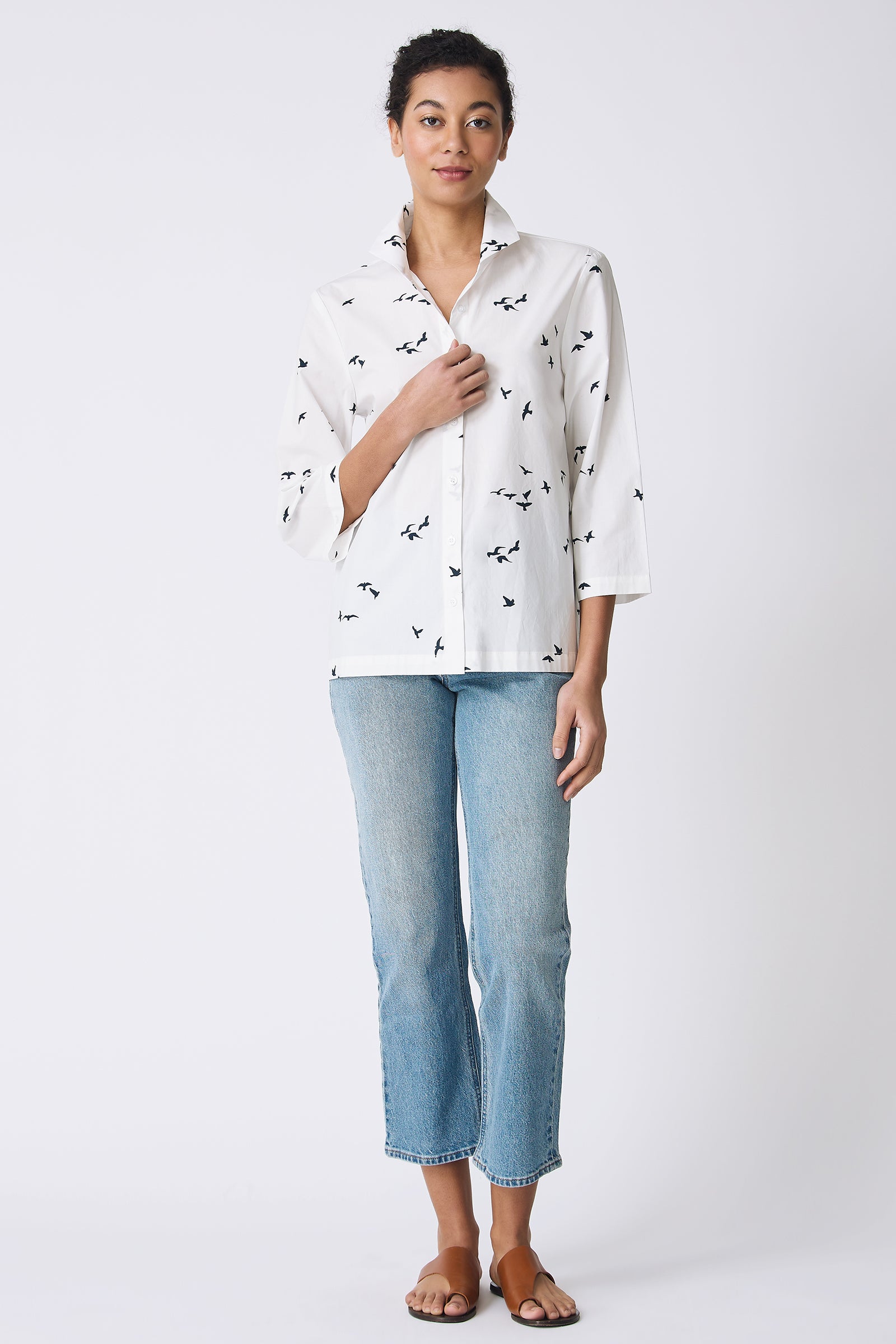 Kal Rieman 3/4 Sleeve Ginna Shirt in White Bird Print on model full front view