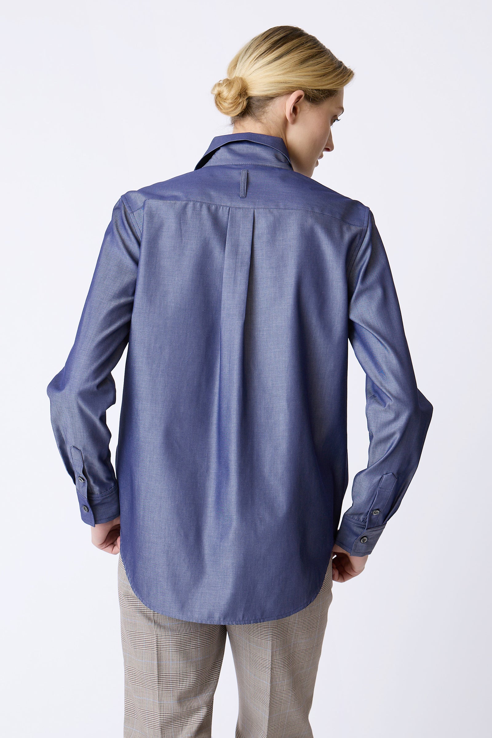 Kal Rieman Ginna Box Pleat Shirt in Denim Twill on model full front view