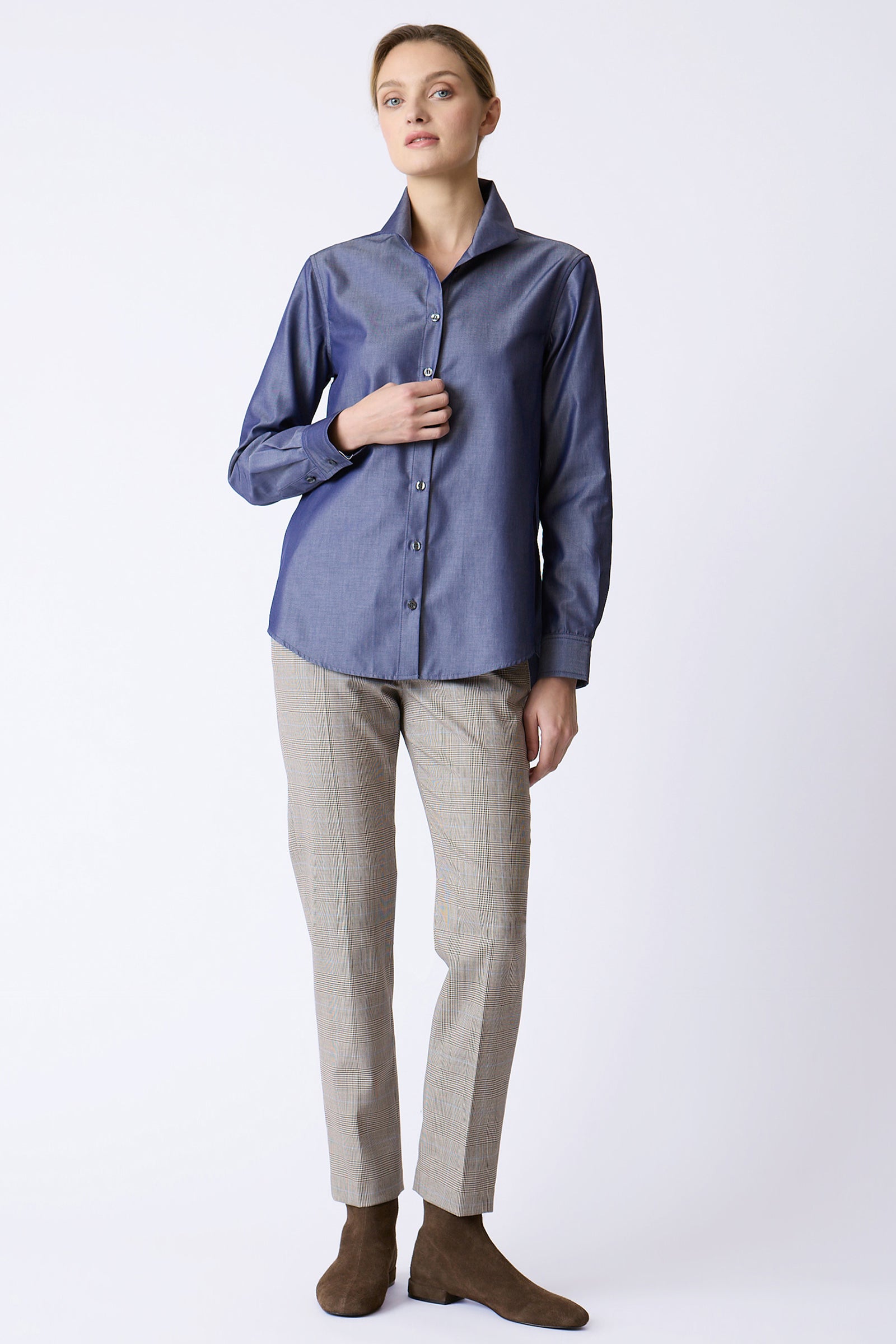 Kal Rieman Ginna Box Pleat Shirt in Denim Twill on model full front view