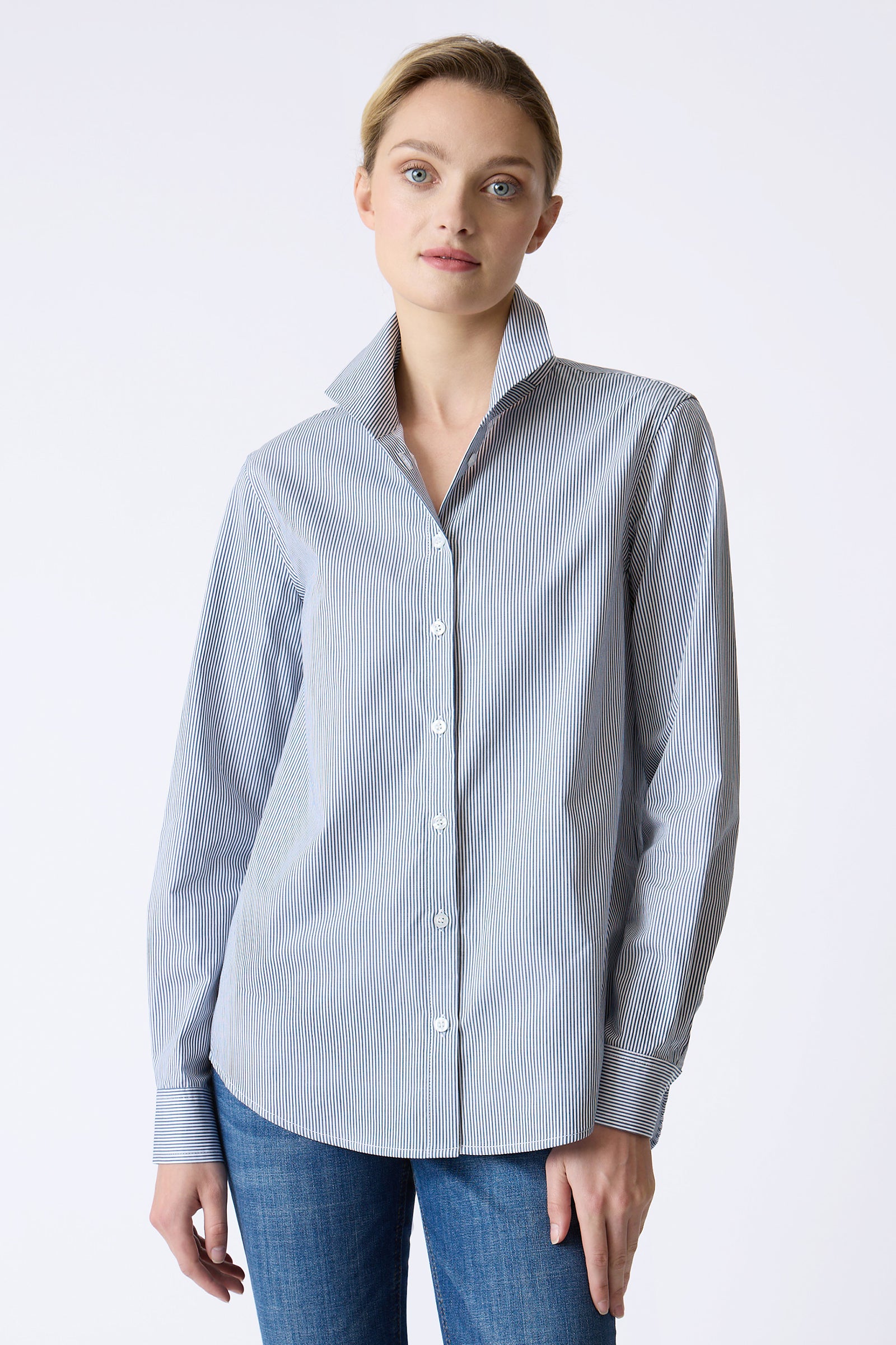 Kal Rieman Ginna Box Pleat Shirt in Mini Denim Stripe on model front view