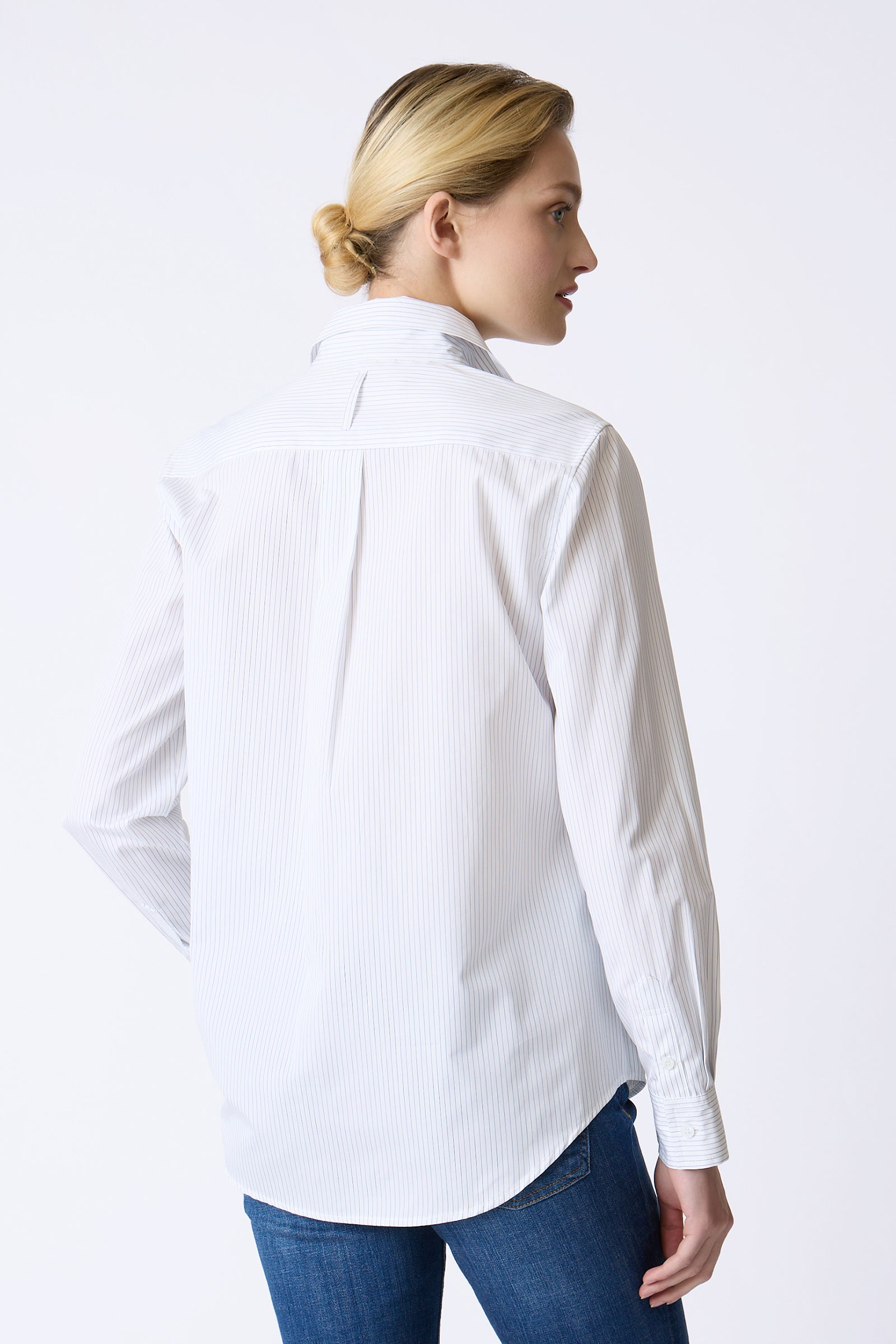 Kal Rieman Ginna Box Pleat Shirt in Pinstripe on model main front view