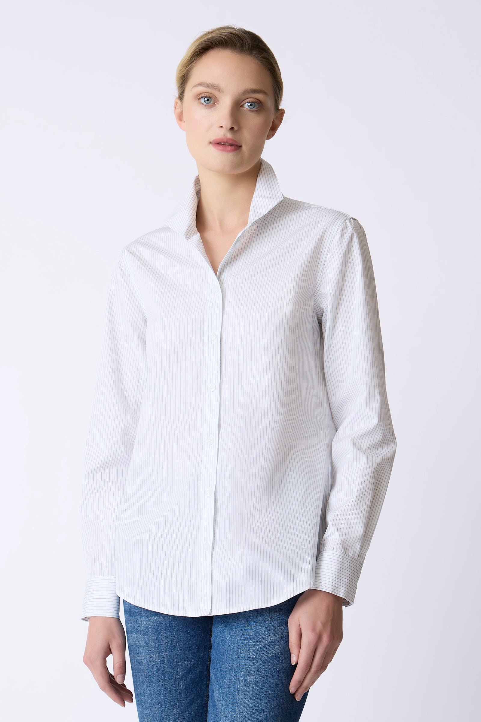 Kal Rieman Ginna Box Pleat Shirt in Pinstripe on model main front view