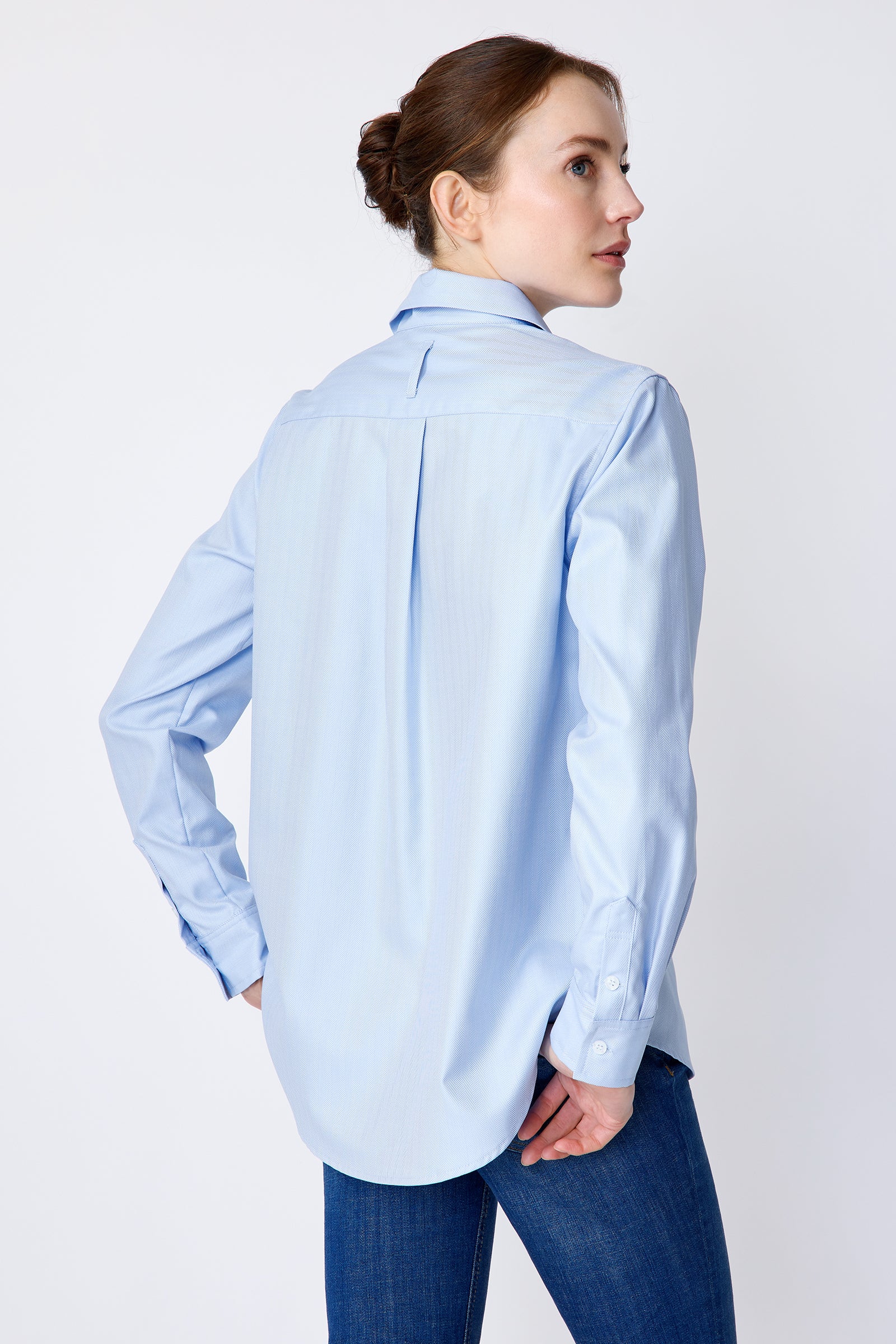 Kal Rieman Ginna Box in Soft Blue Shirting on model front view with hands in pockets
