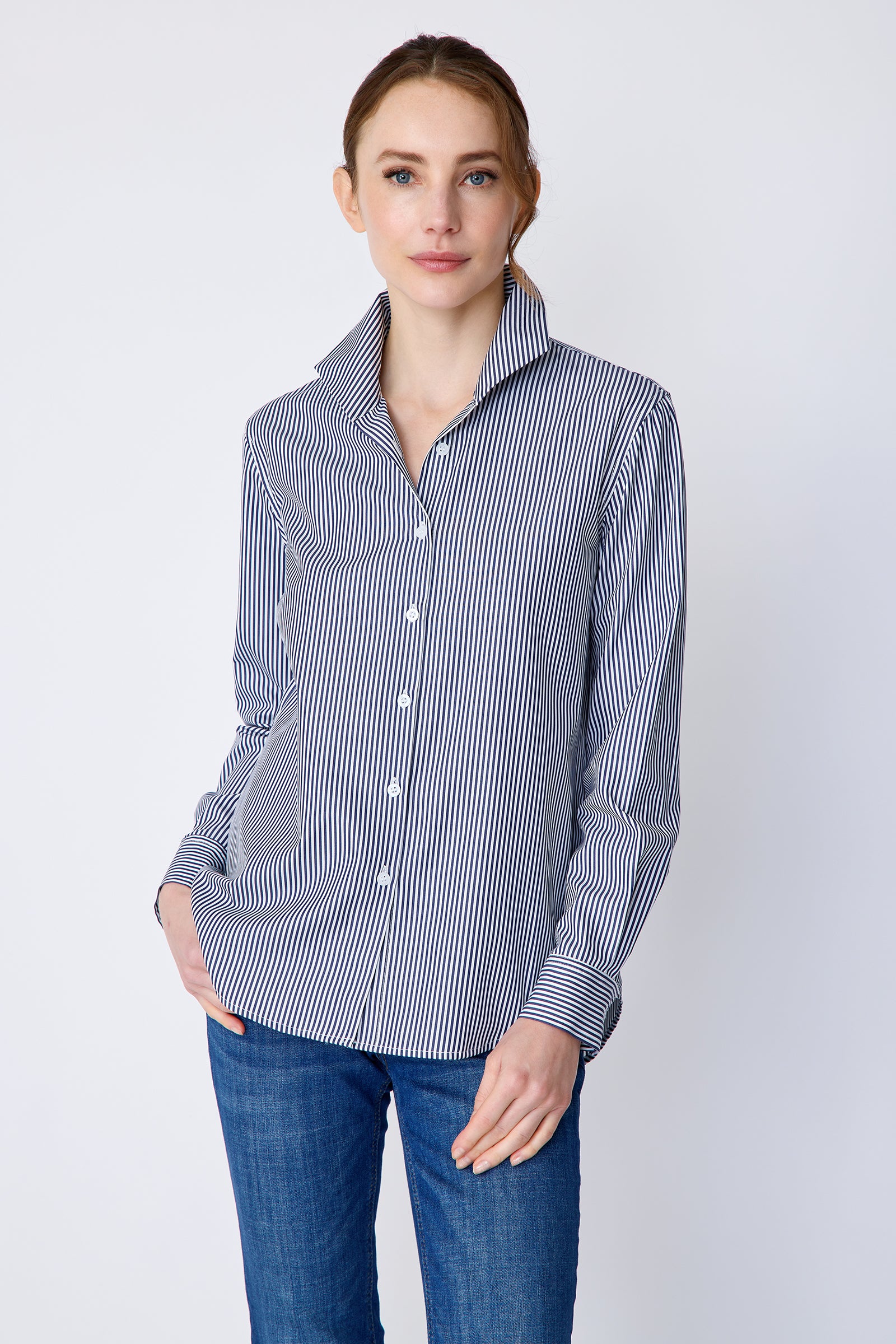 Kal Rieman Ginna Box Pleat Shirt in Bengal Stripe on model hand in pocket