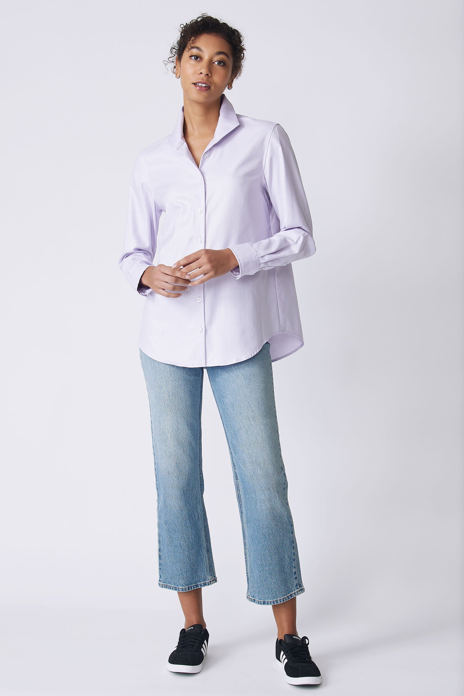  Kal Rieman Ginna Box Pleat Tailored Shirt in lavender fine herringbone on model front view full holding hands