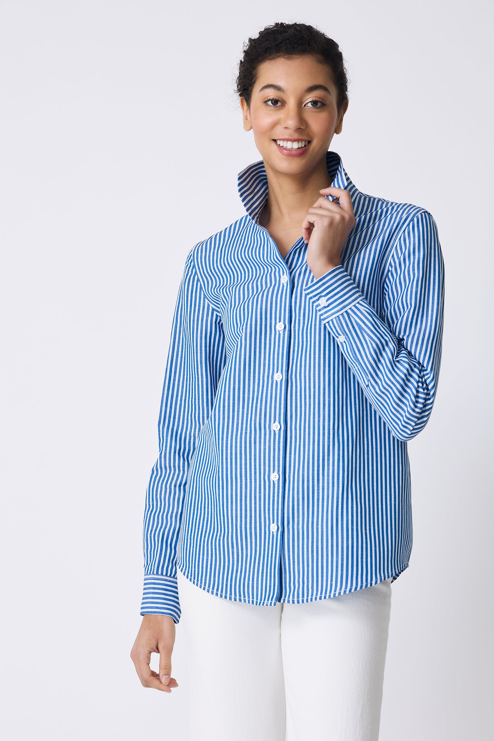 Kal Rieman Ginna Box Pleat Shirt in Cabana Stripe Blue on model smiling front view