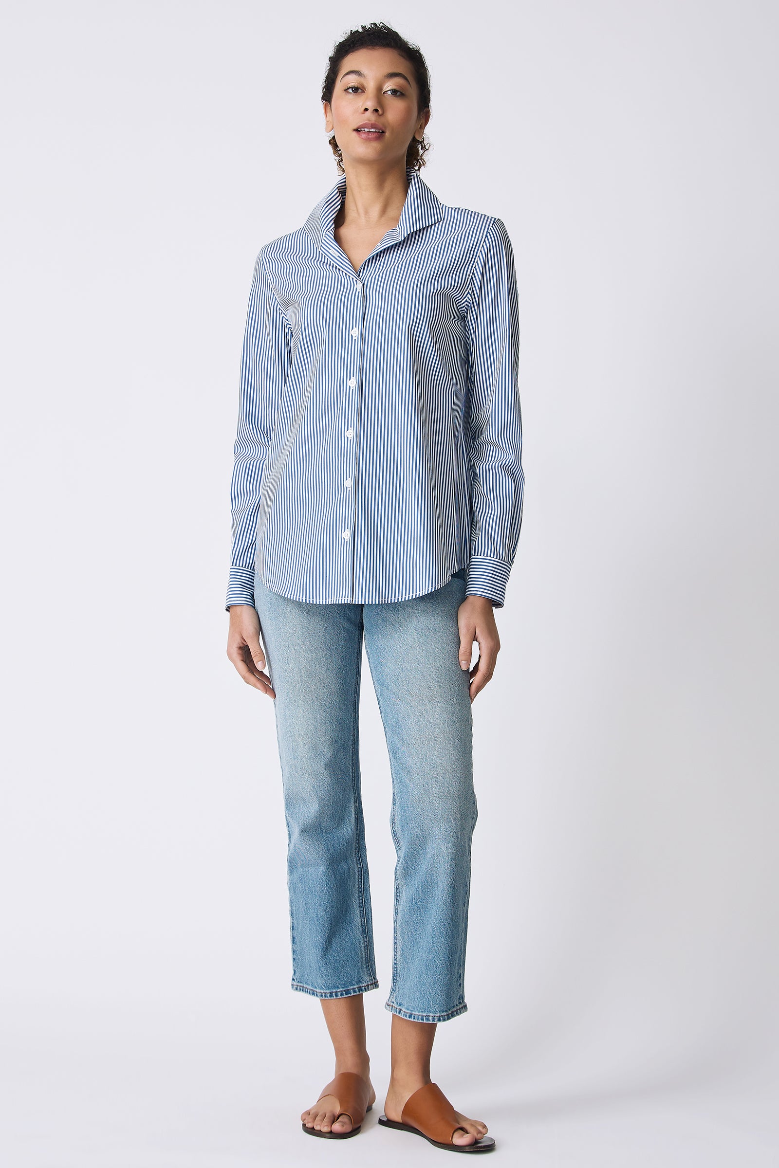 Kal Rieman image of the Ginna Box Pleat Shirt in Miami Stripe Blue on model full front view