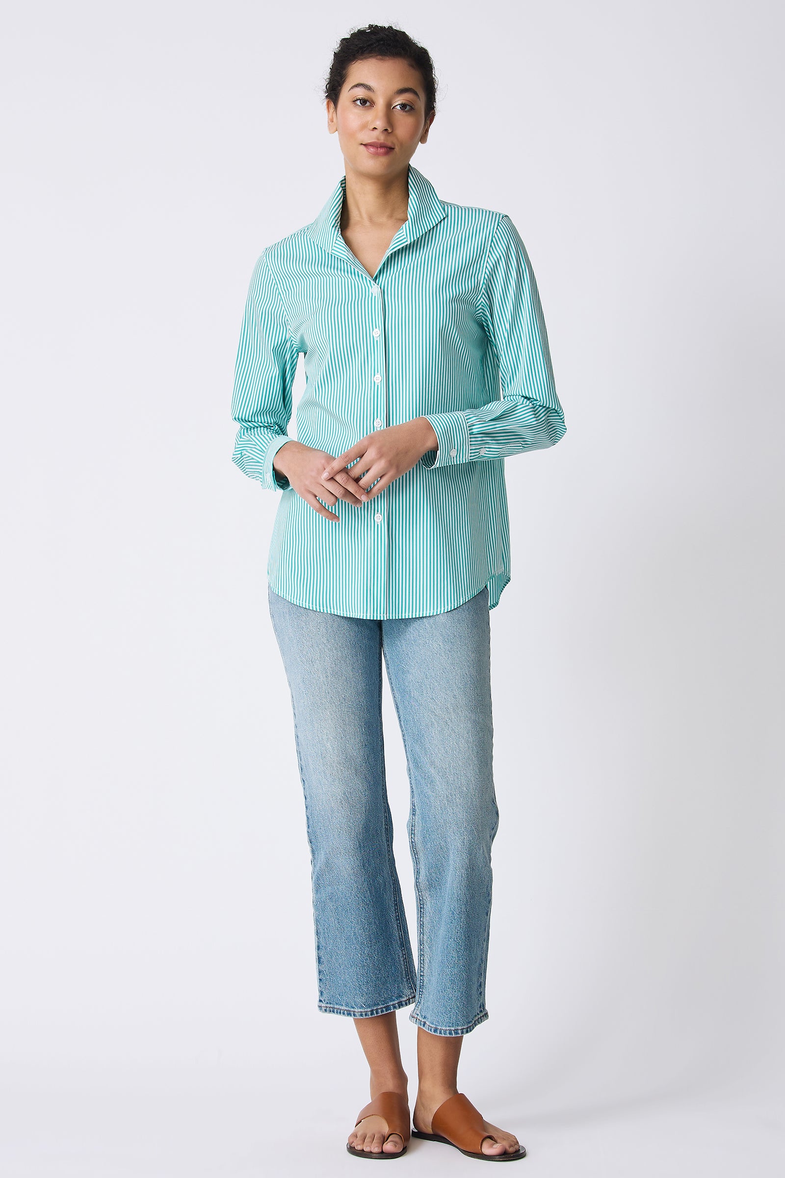Kal Rieman image of the Ginna Box Pleat Shirt in Miami Stripe Green on model full front view alternate