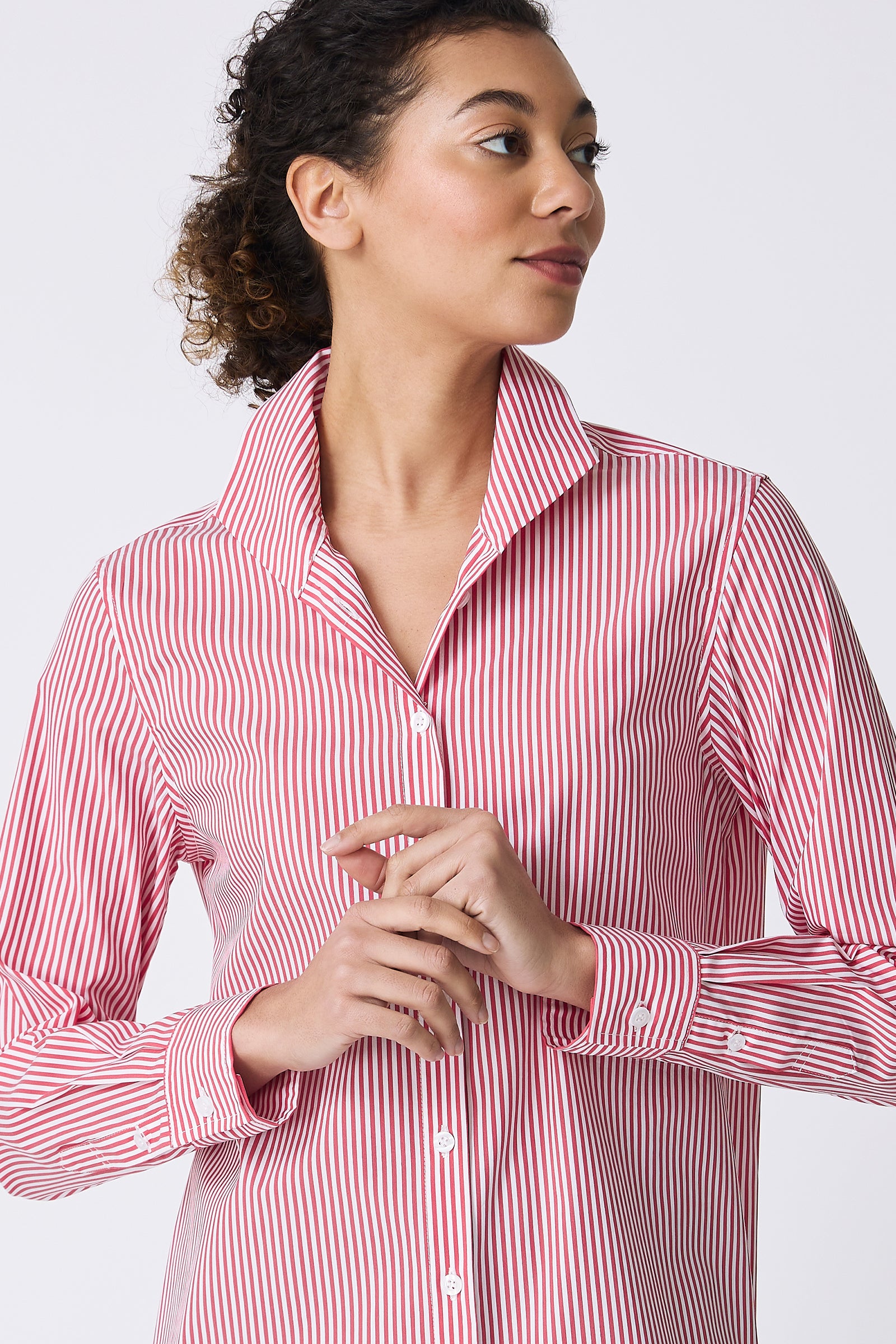 Kal Rieman image of the Ginna Box Pleat Shirt in Miami Stripe Red on model looking left front detail view