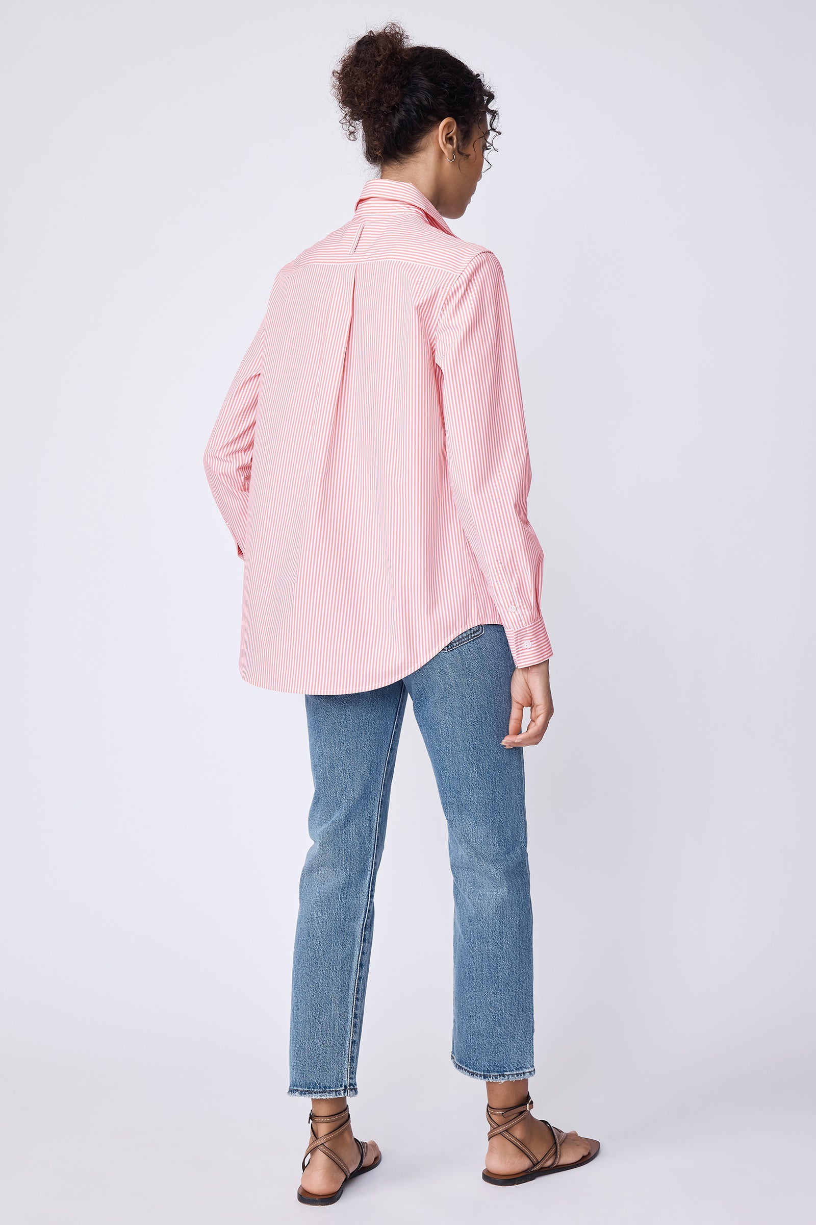 Ginna Box Pleat Shirt in peach stripe on model close up