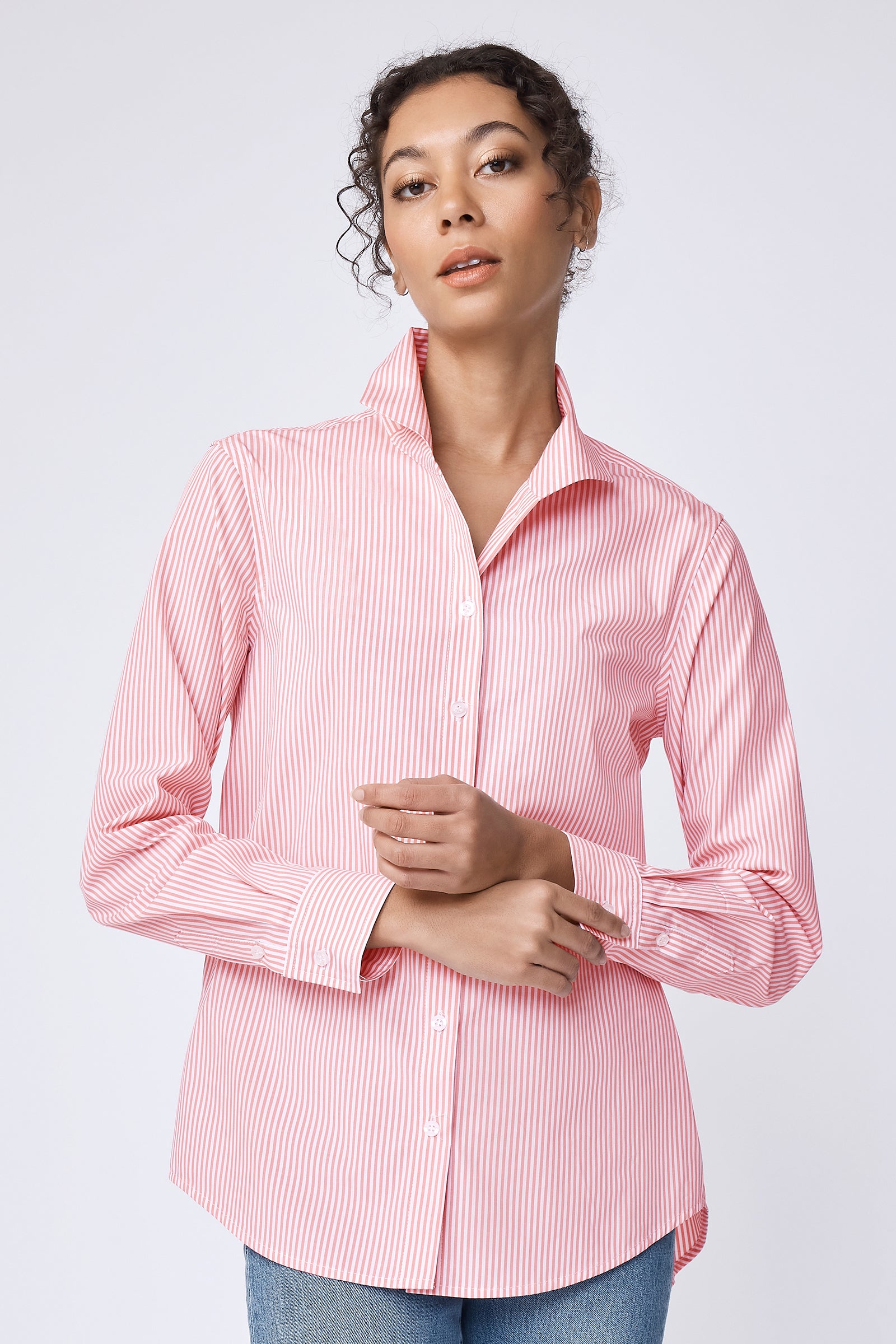 Ginna Box Pleat Shirt in peach stripe on model close up